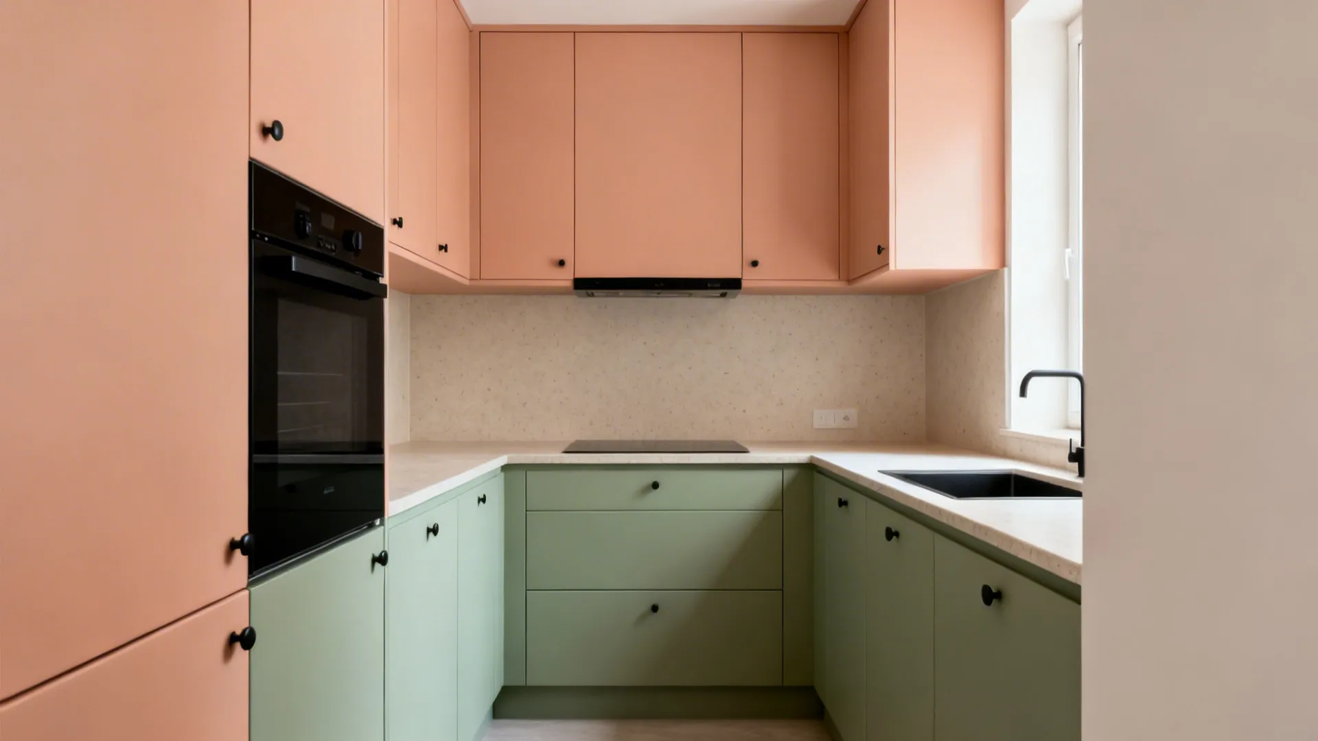 U-shaped kitchen with peach uppers, sage green lowers, and neutral countertops.