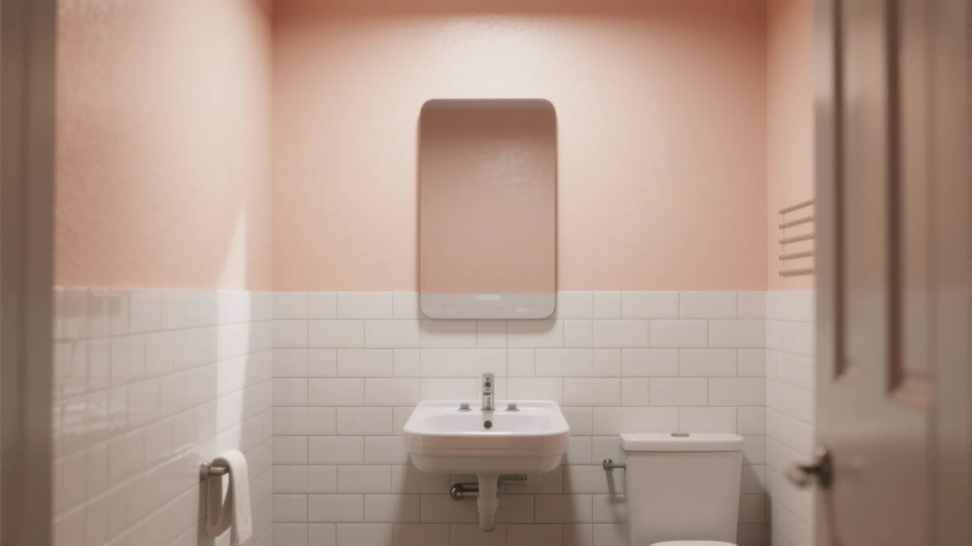 1. Soft Peach Walls with Crisp White Tile