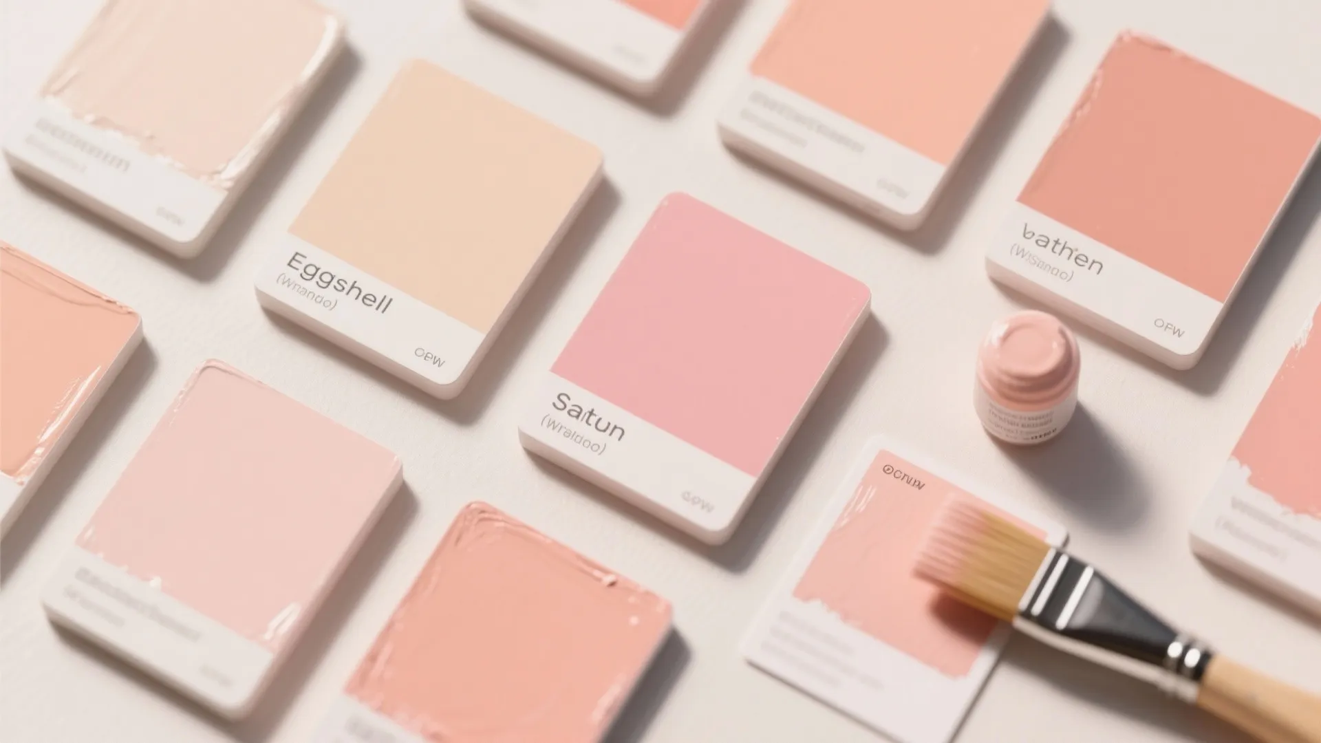 Collection of pink paint swatches with various names displayed on a desk with a brush
