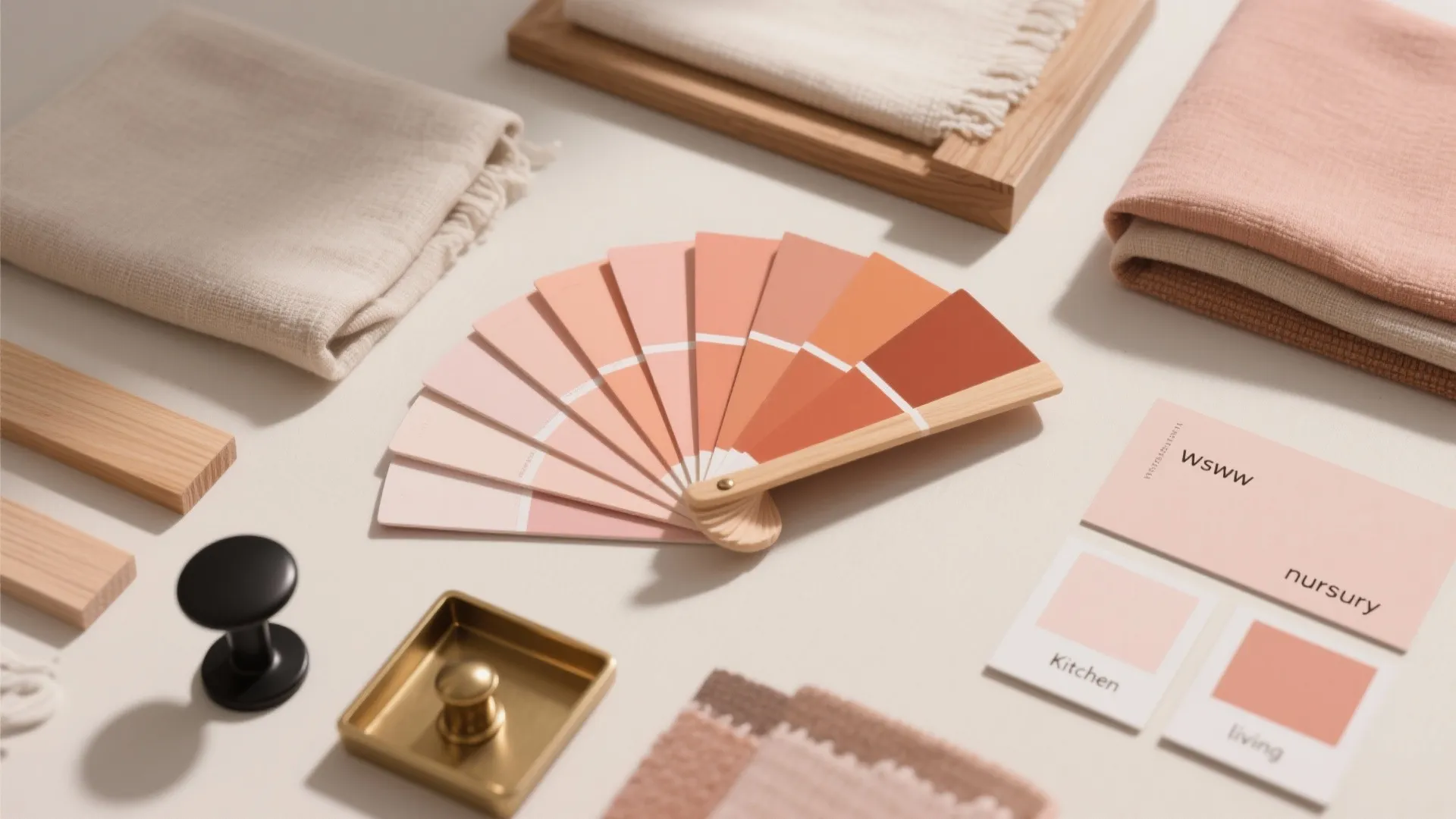 Peach color fan with pink fabric wood blocks and interior design cards on a table