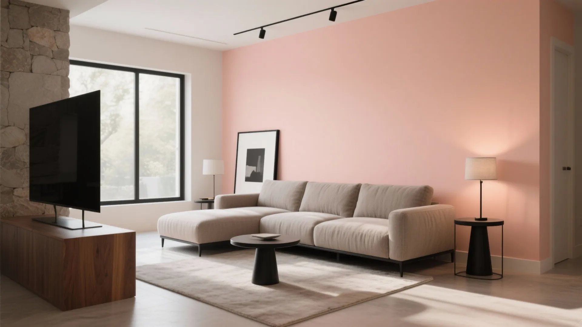 Minimalist living room with pink wall beige sofa black coffee table and TV on wooden cabinet