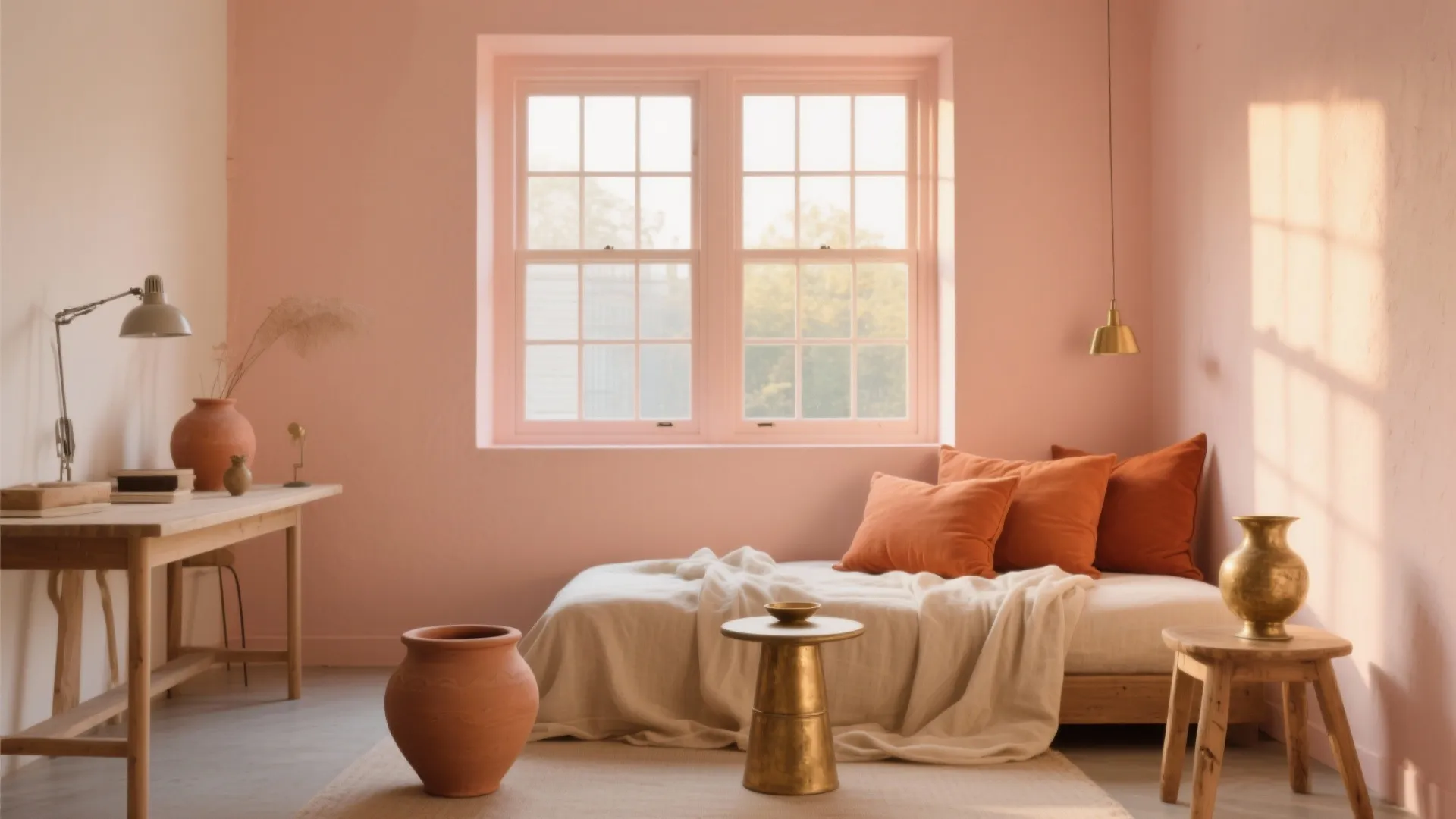 Peach colored room with large windows wooden desk terracotta pots and bed with orange pillows