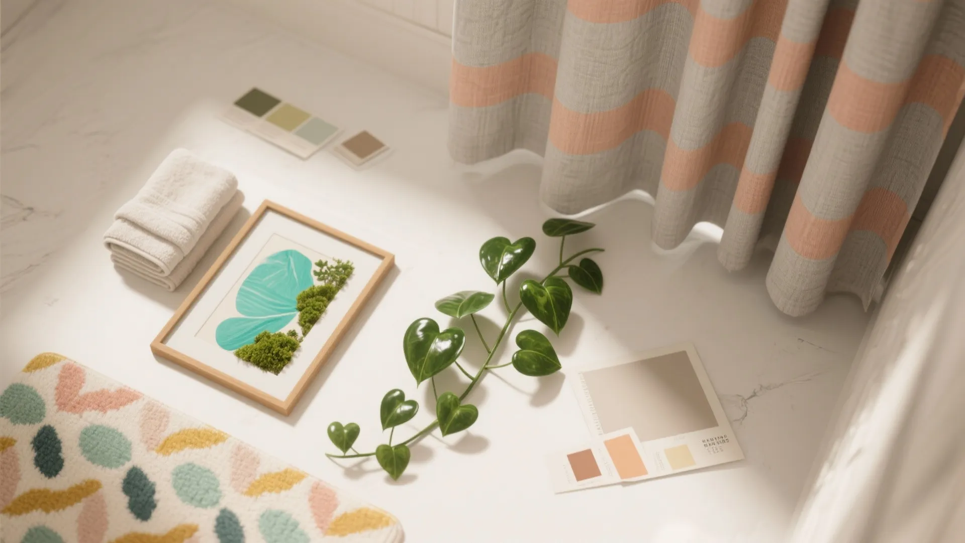 Peach and grey striped curtain next to green plant and small framed picture on floor
