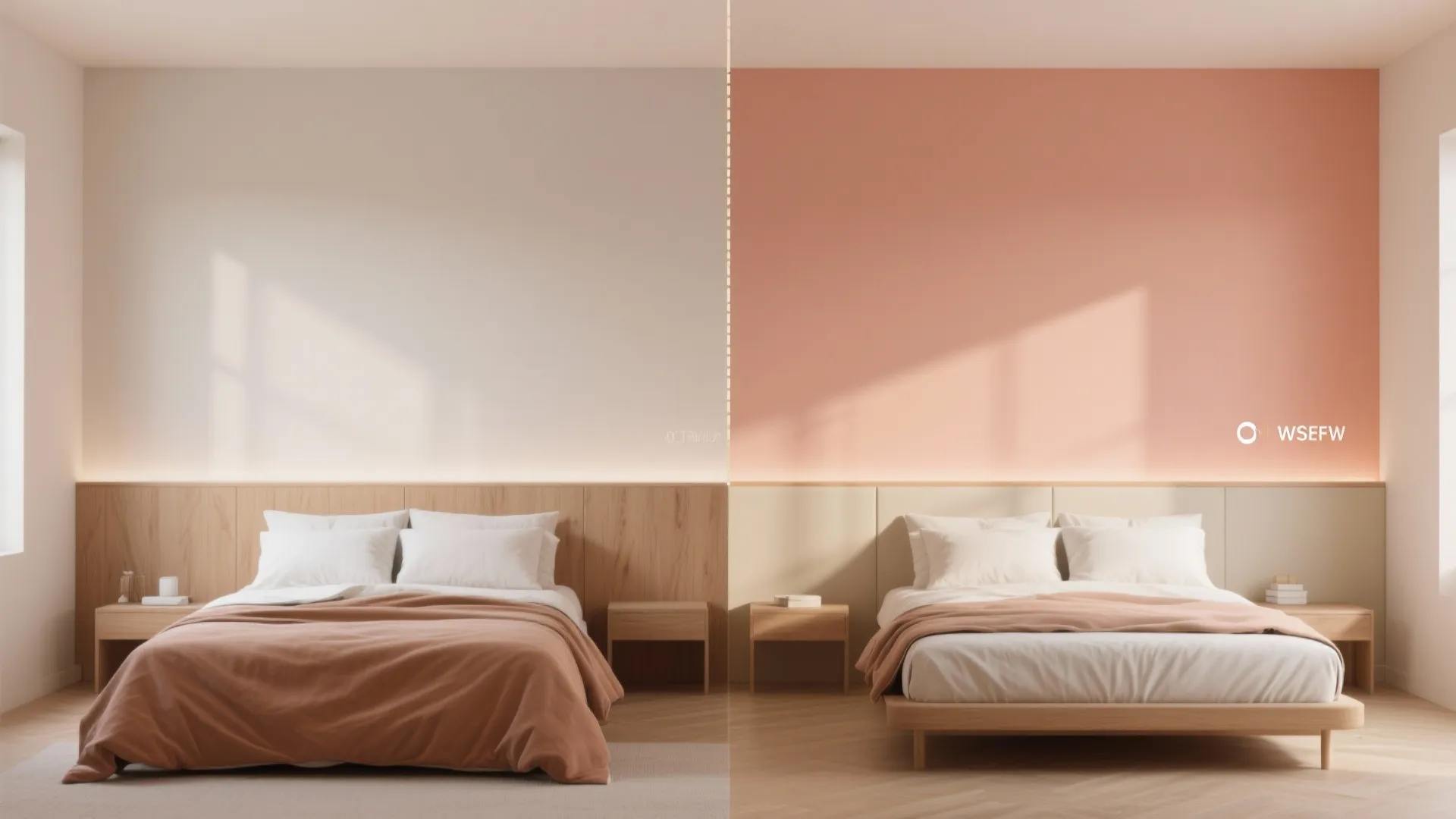 Before and after comparison of bedroom wall paint options between cream and soft peach colors