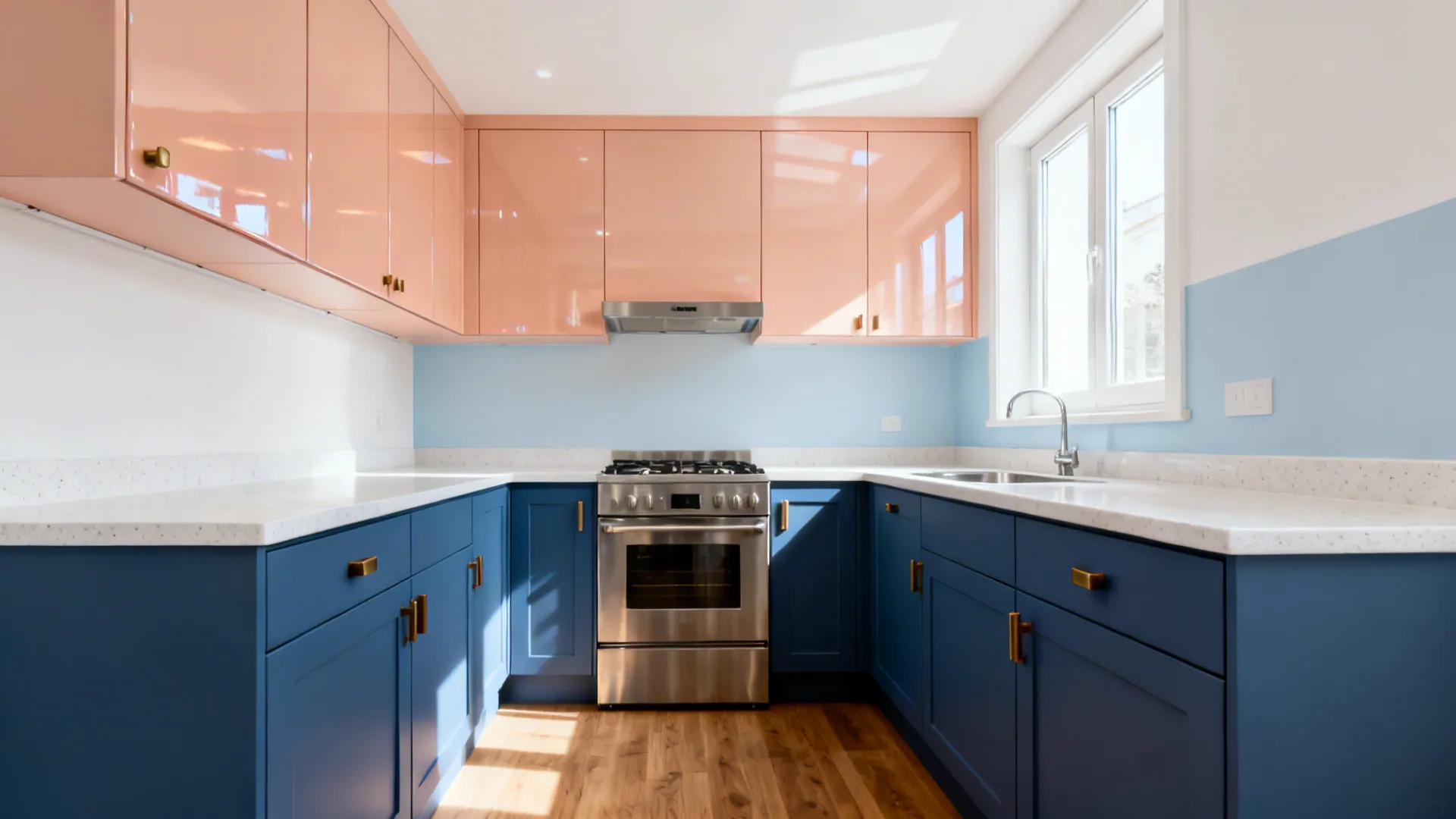 Peach Upper Cabinets + Deep Blue Base Units