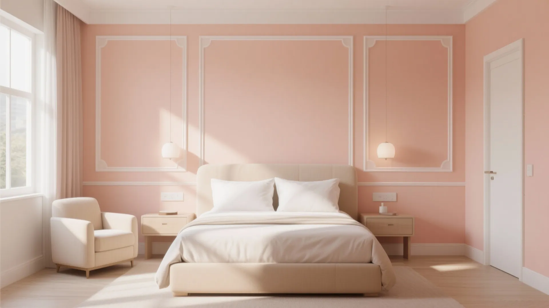 Peach bedroom interior design with white bed beige armchair wooden nightstands and hanging small light fixtures