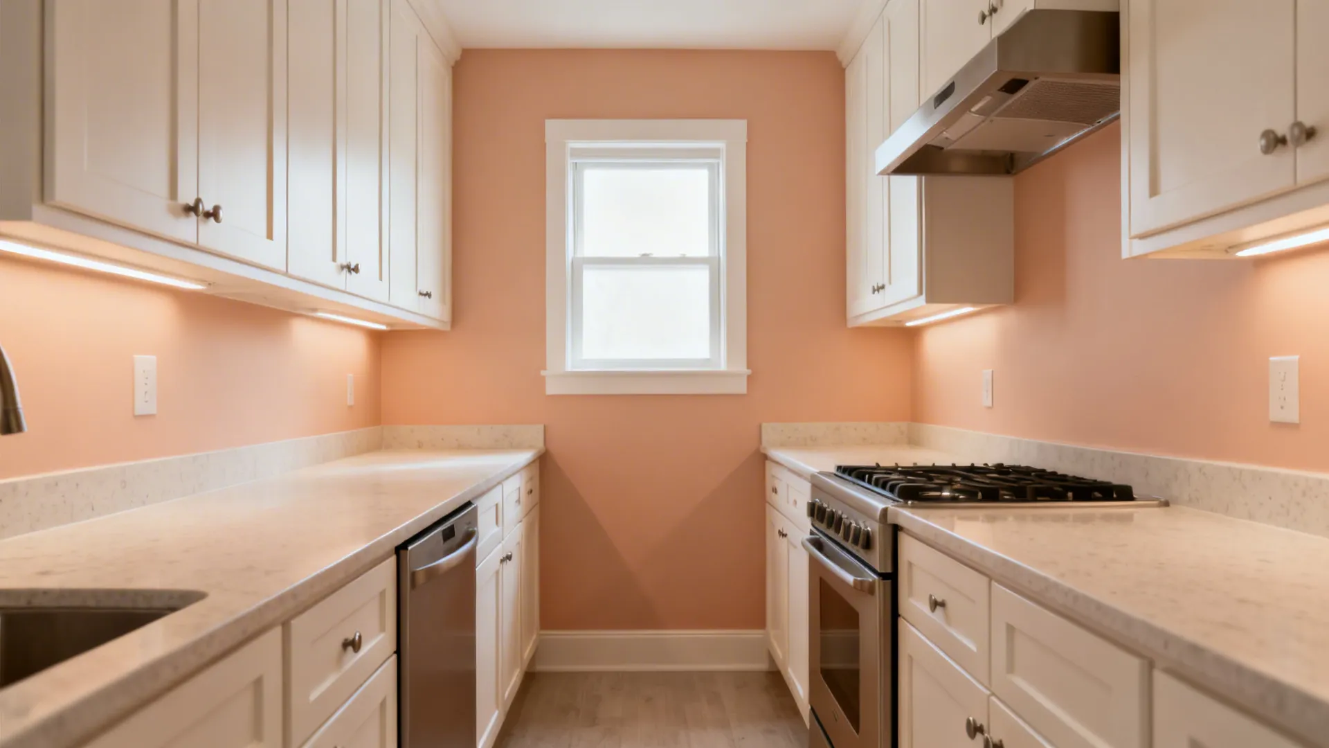 7m² galley kitchen with soft peach wall and warm white shaker cabinets, bright and cohesive.