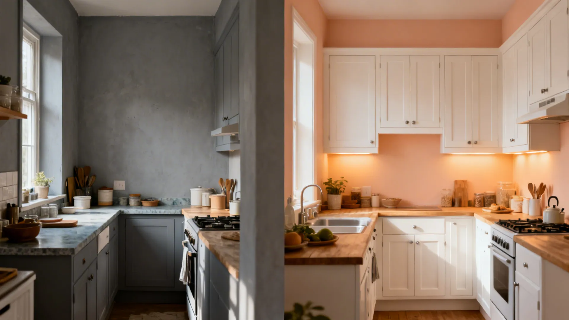Before-and-after small kitchen showing cool gray vs soft peach with warm white cabinets.