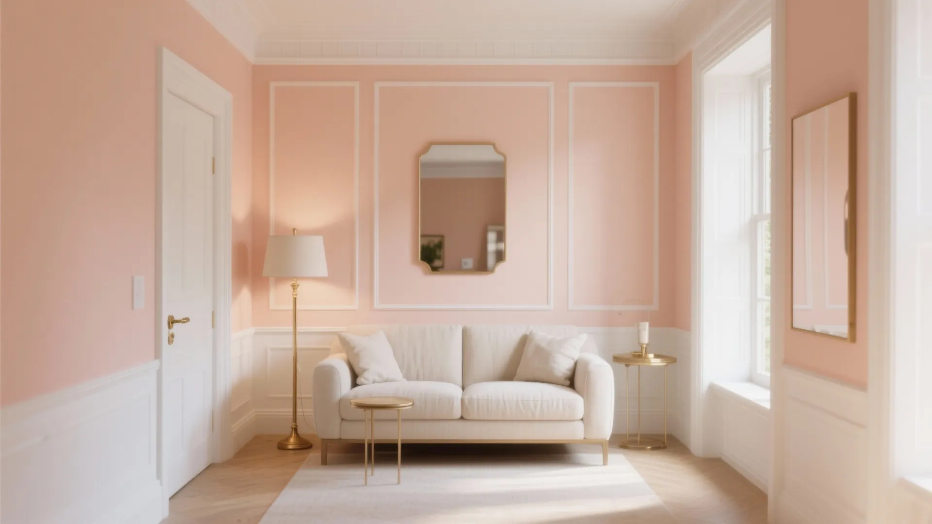 Peach living room featuring white sofa wall panel gold side tables floor lamp and mirror