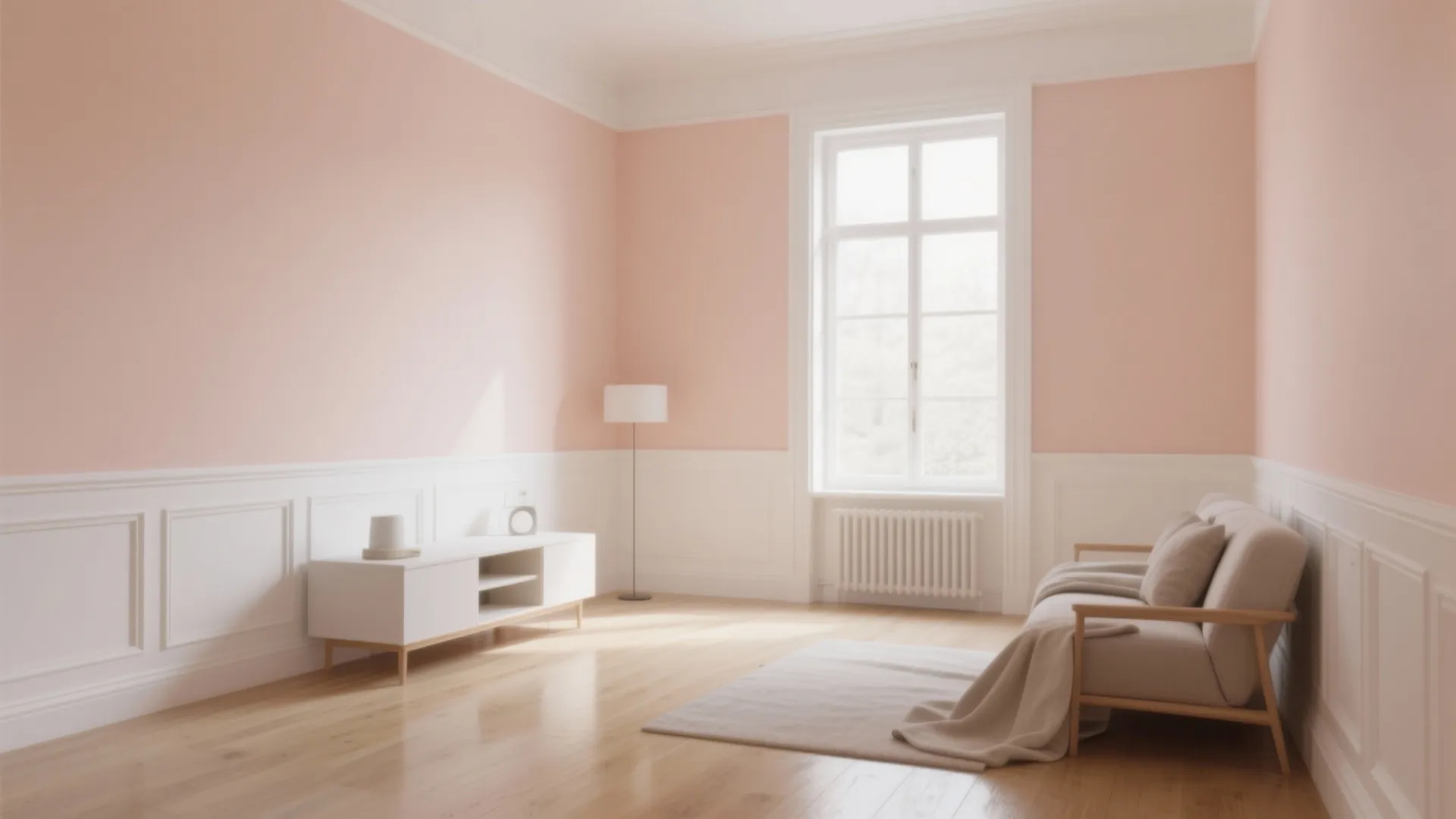 1. Soft peach with crisp white trim for an airy feel