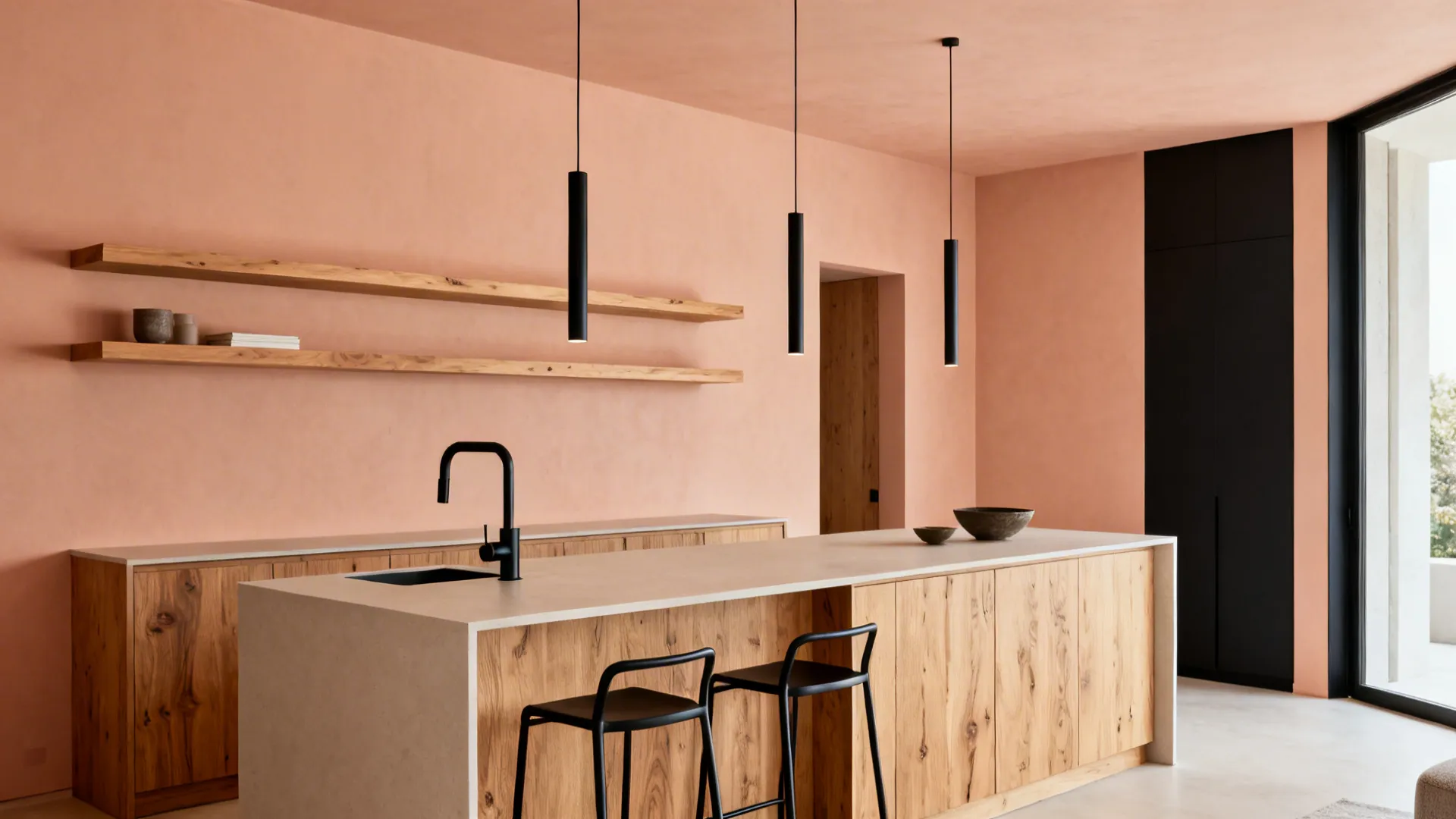 Small kitchenette with peach walls, oak shelves, and matte black tapware and lights.