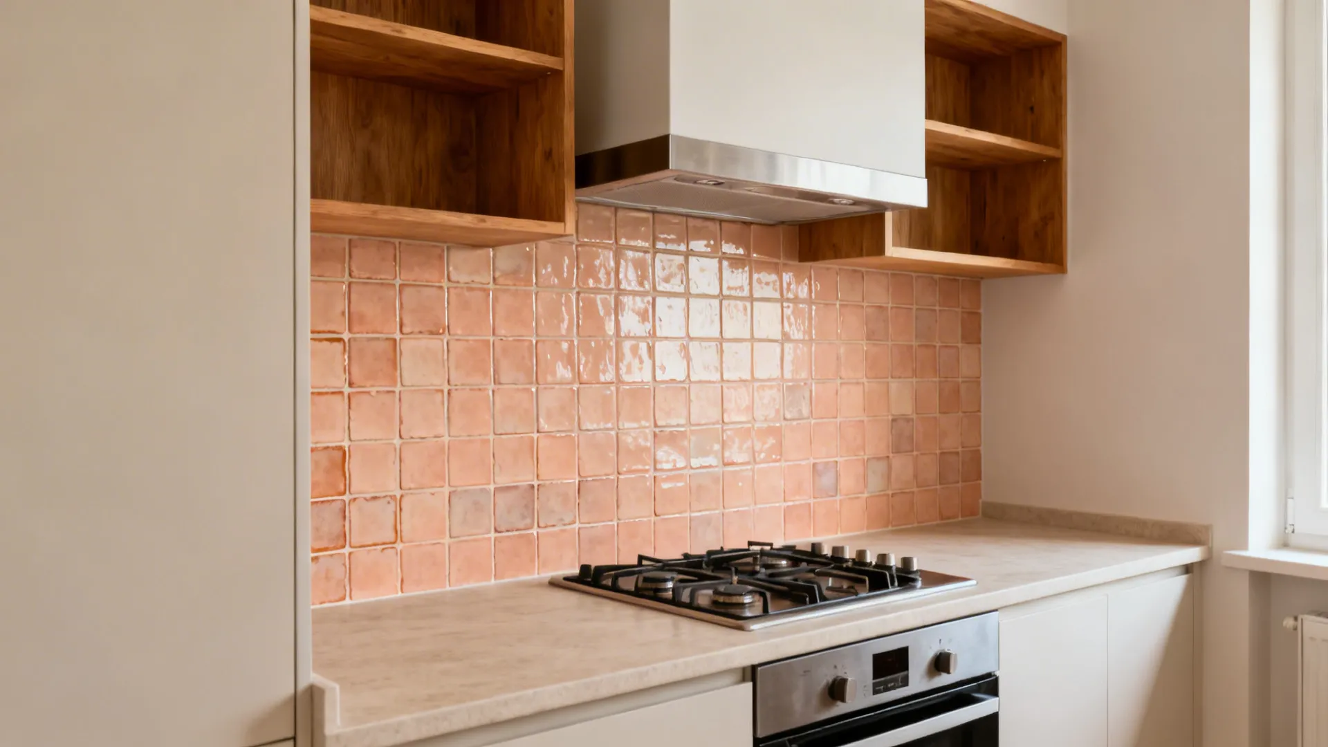 L-shaped kitchen with peach zellige backsplash, oak shelf, and light quartz countertops.