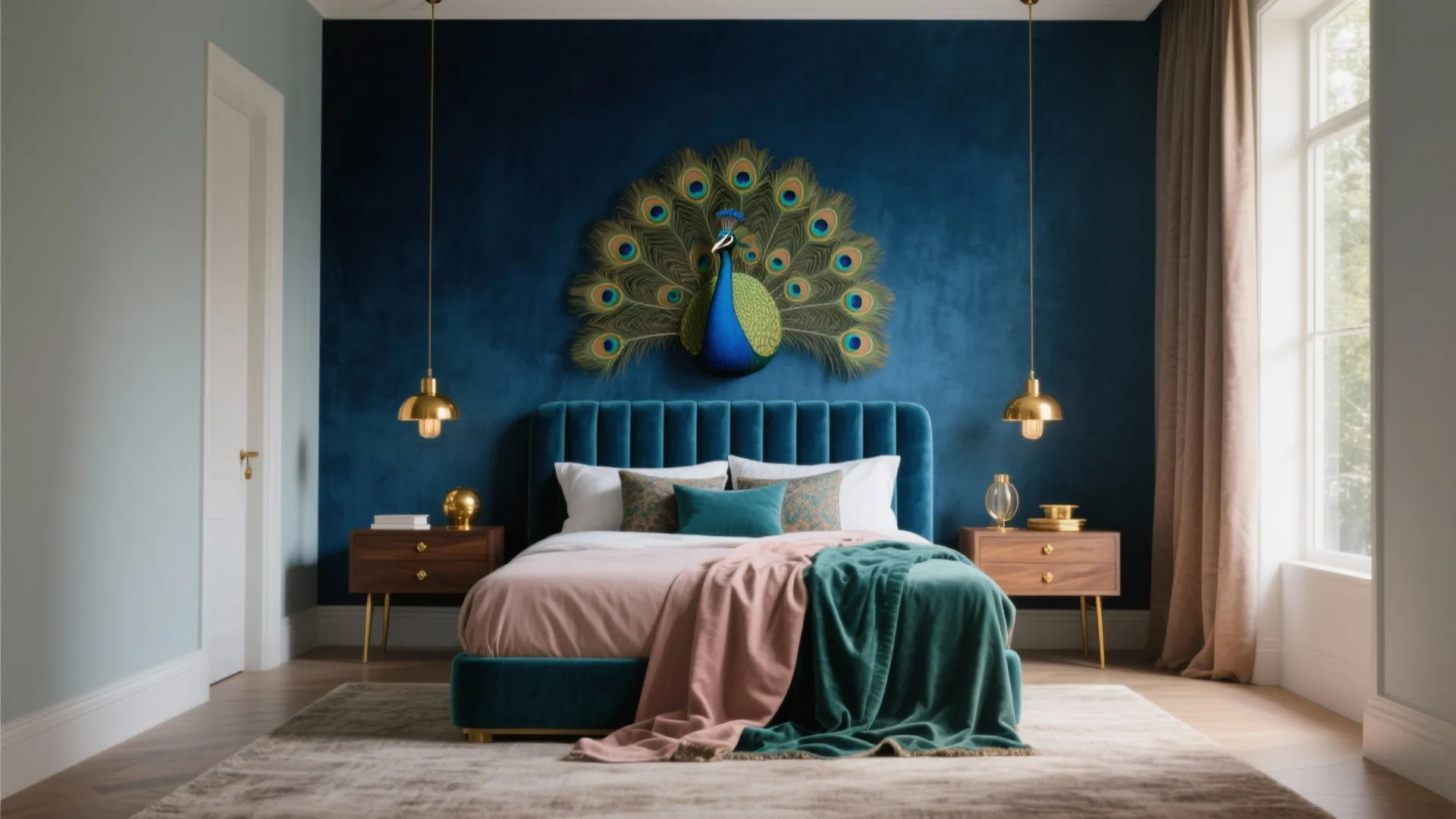 Blue bedroom featuring peacock wall decor above bed with velvet headboard and gold ceiling lights