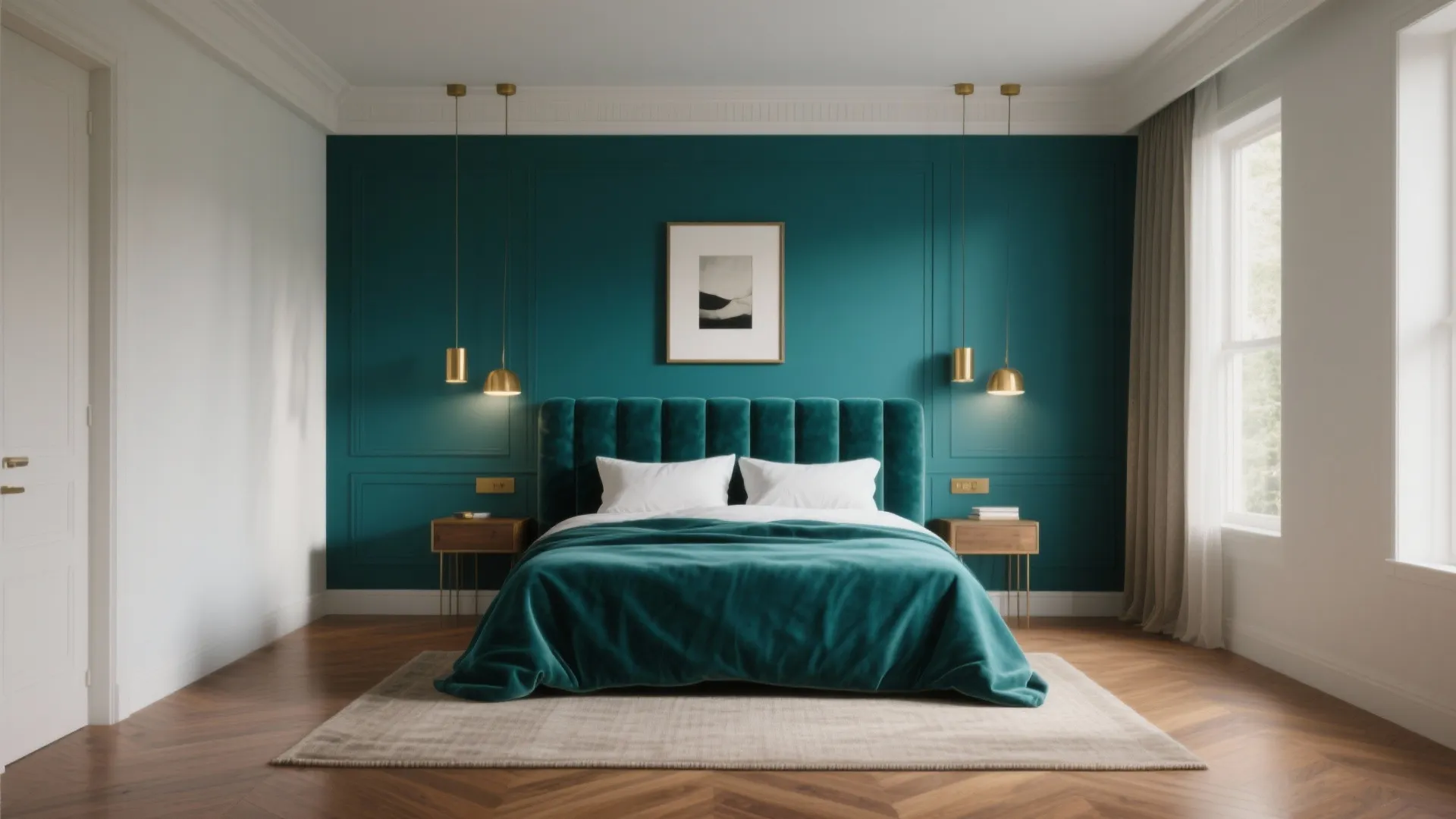 Modern bedroom with teal wall panel design featuring gold ceiling lights and dark wood flooring