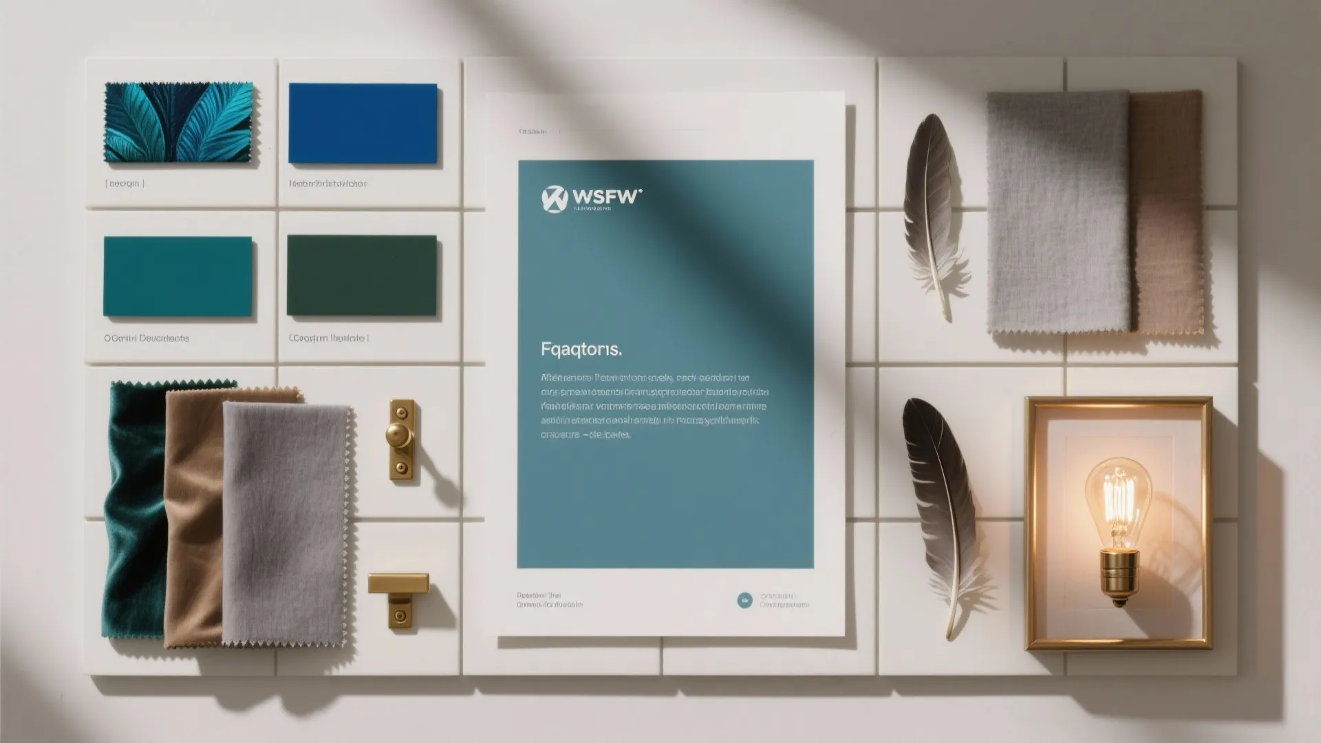 Mood board showing fabric swatches color palettes metal hardware light bulb and feathers on tiles