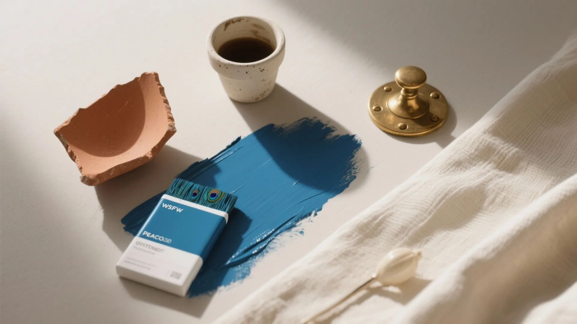 Blue paint stroke on white surface with small cup broken pot and gold metal handle