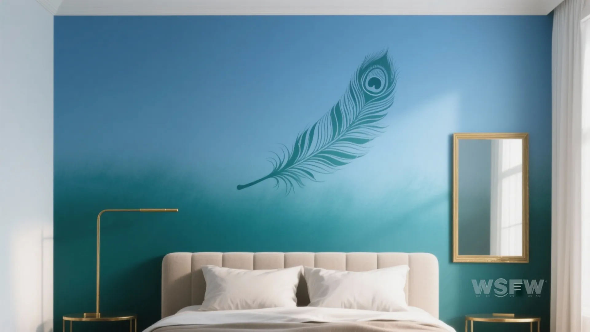 Modern bedroom with blue gradient wall featuring a large peacock feather design and white bed