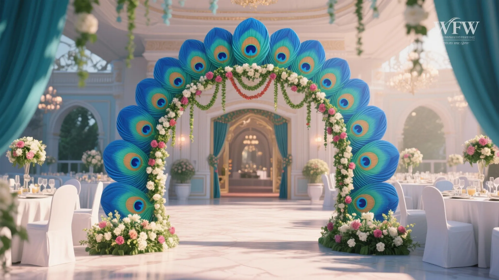 Banquet hall with peacock feather arch and floral décor