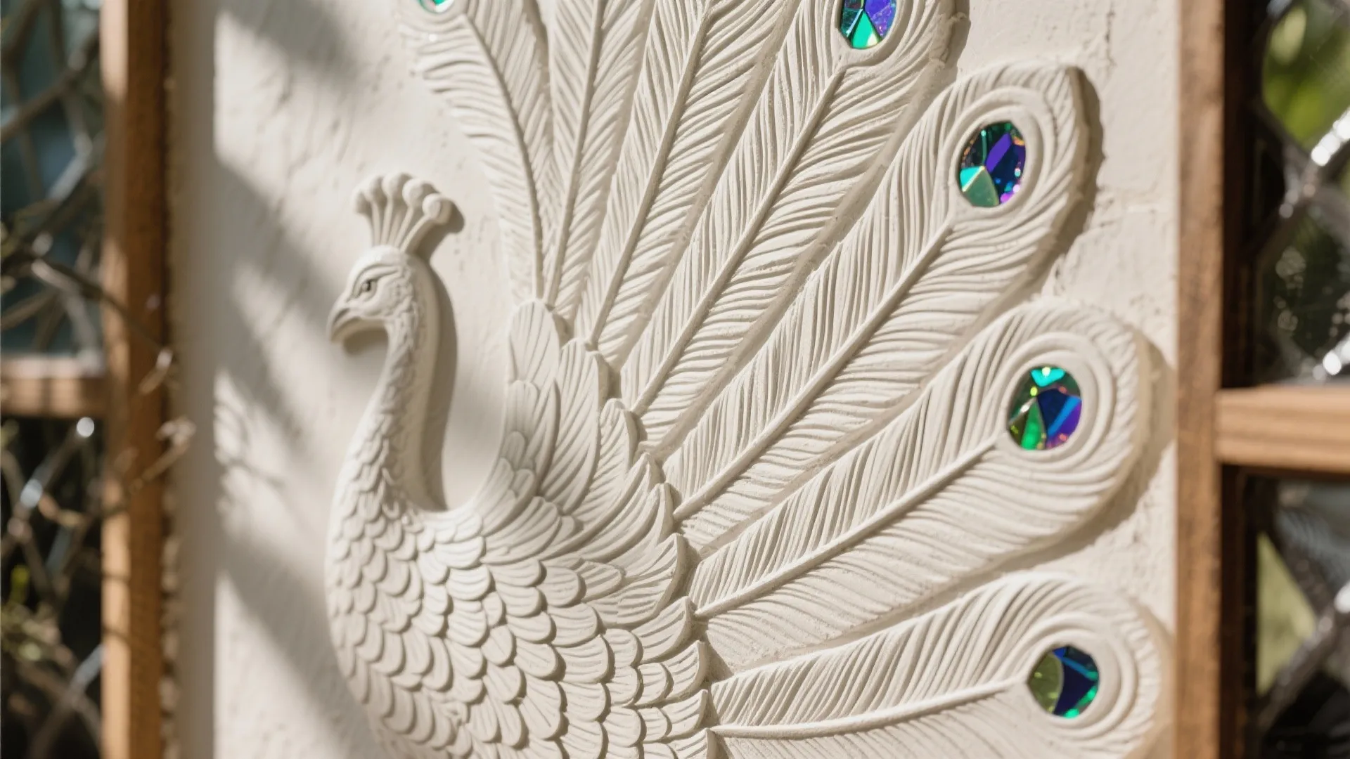 Textural Peacock Relief: Plaster, Wood, or Glass