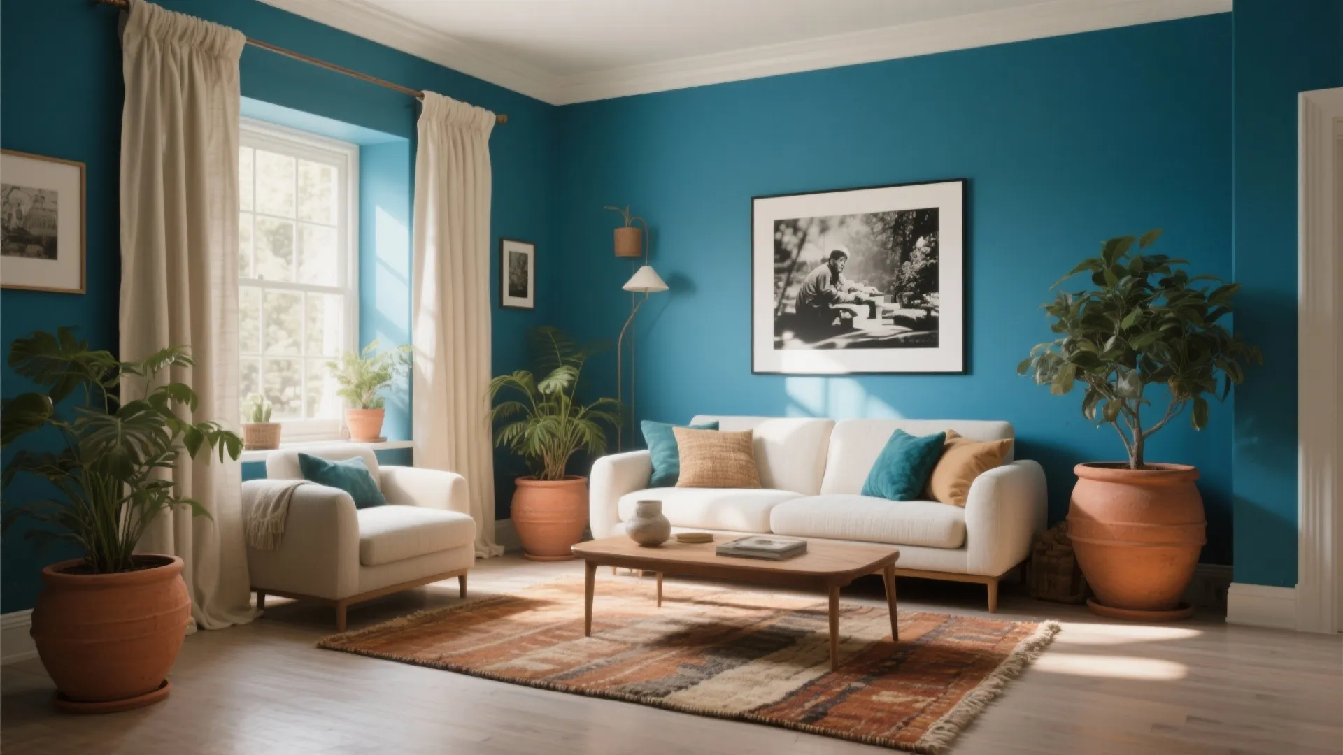 Bright living room with teal walls white sofa wooden table green plants and white window curtains