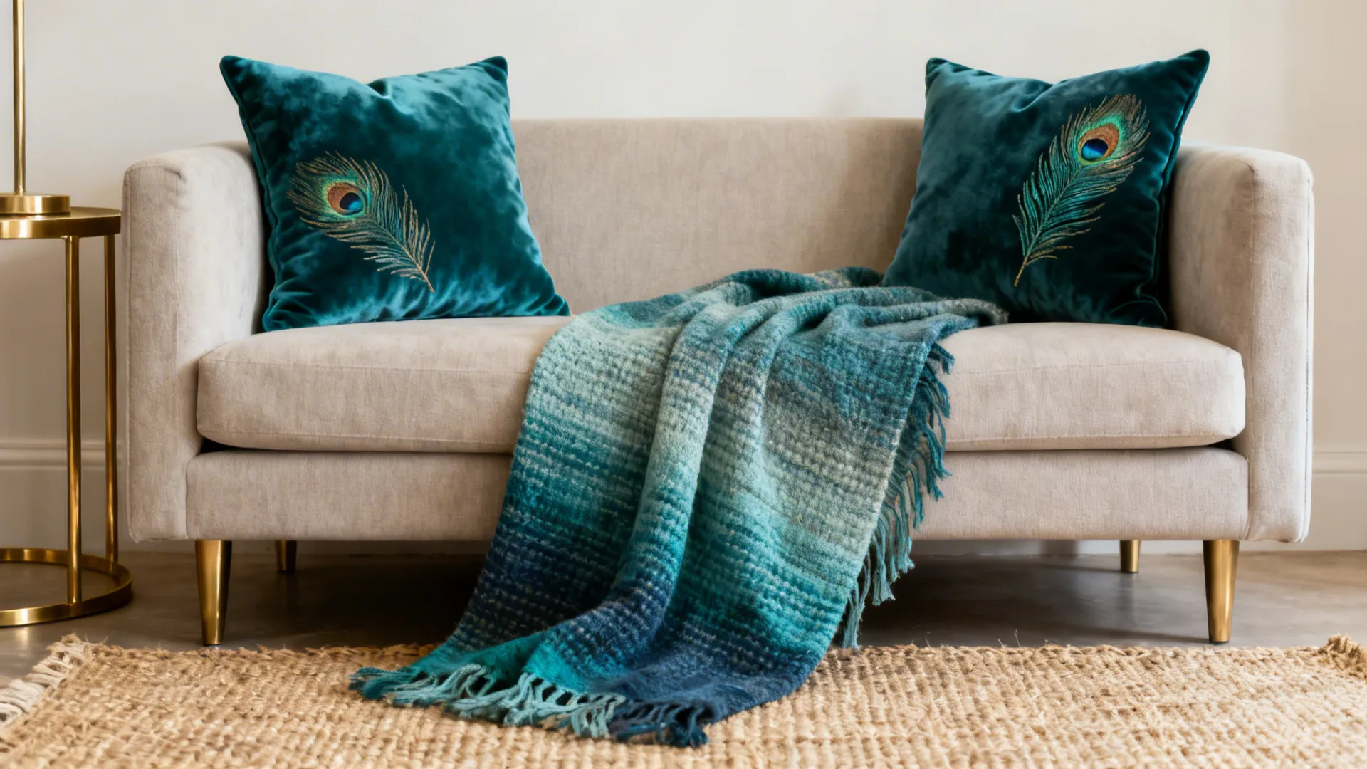 Compact sofa with velvet peacock-embroidered pillows, ombré throw, and a neutral sisal rug.