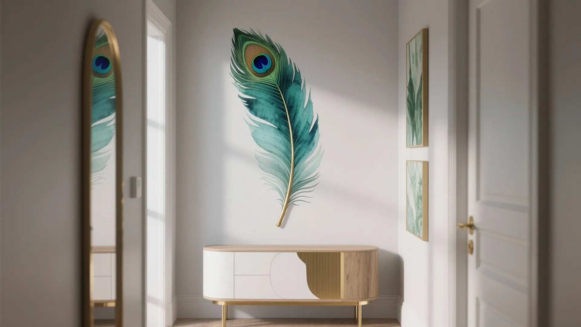 Entryway with peacock feather wall art above white cabinet and mirror reflecting the room layout