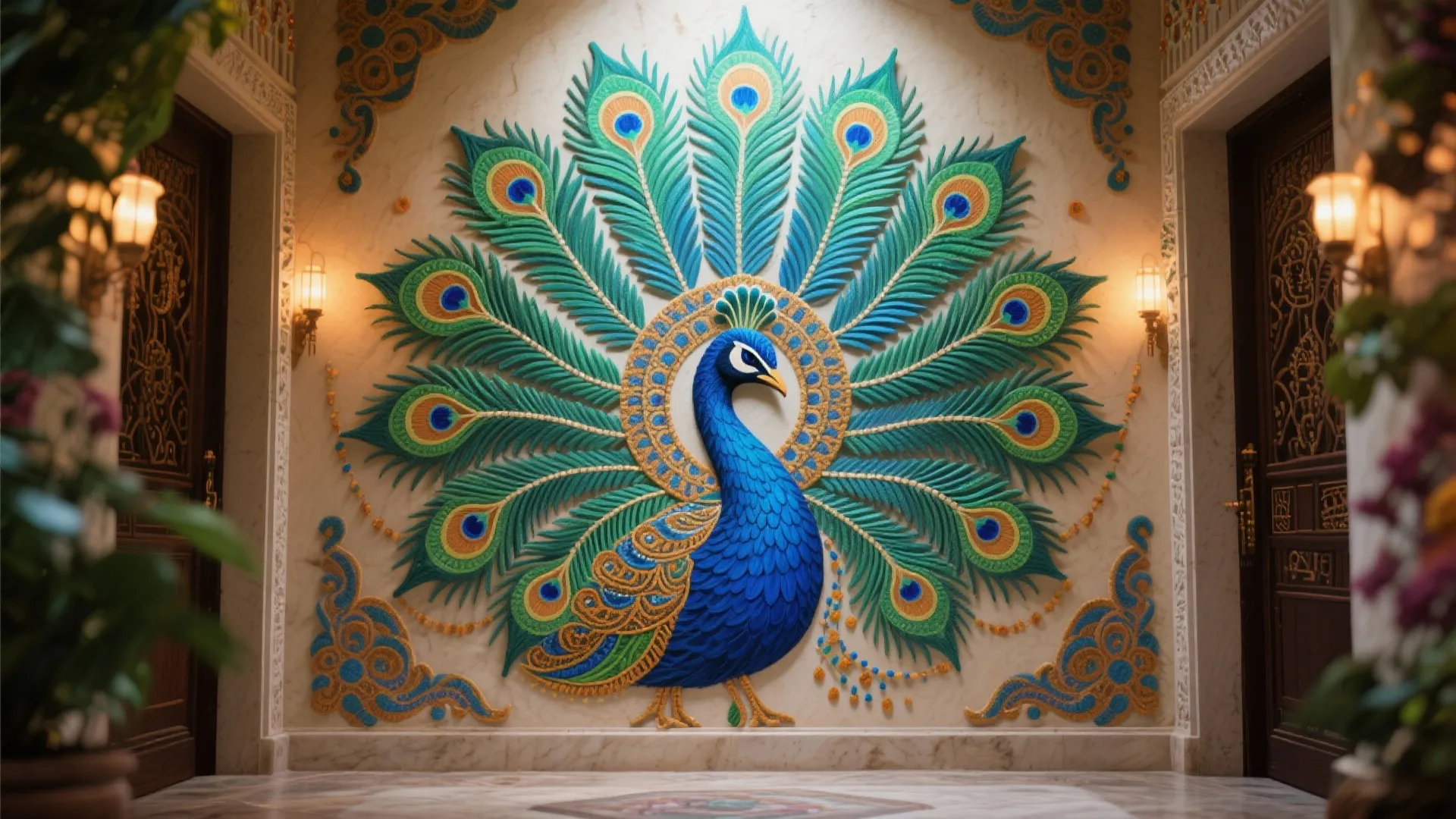 Large colorful peacock wall art with green feathers in a hallway with warm wall lights
