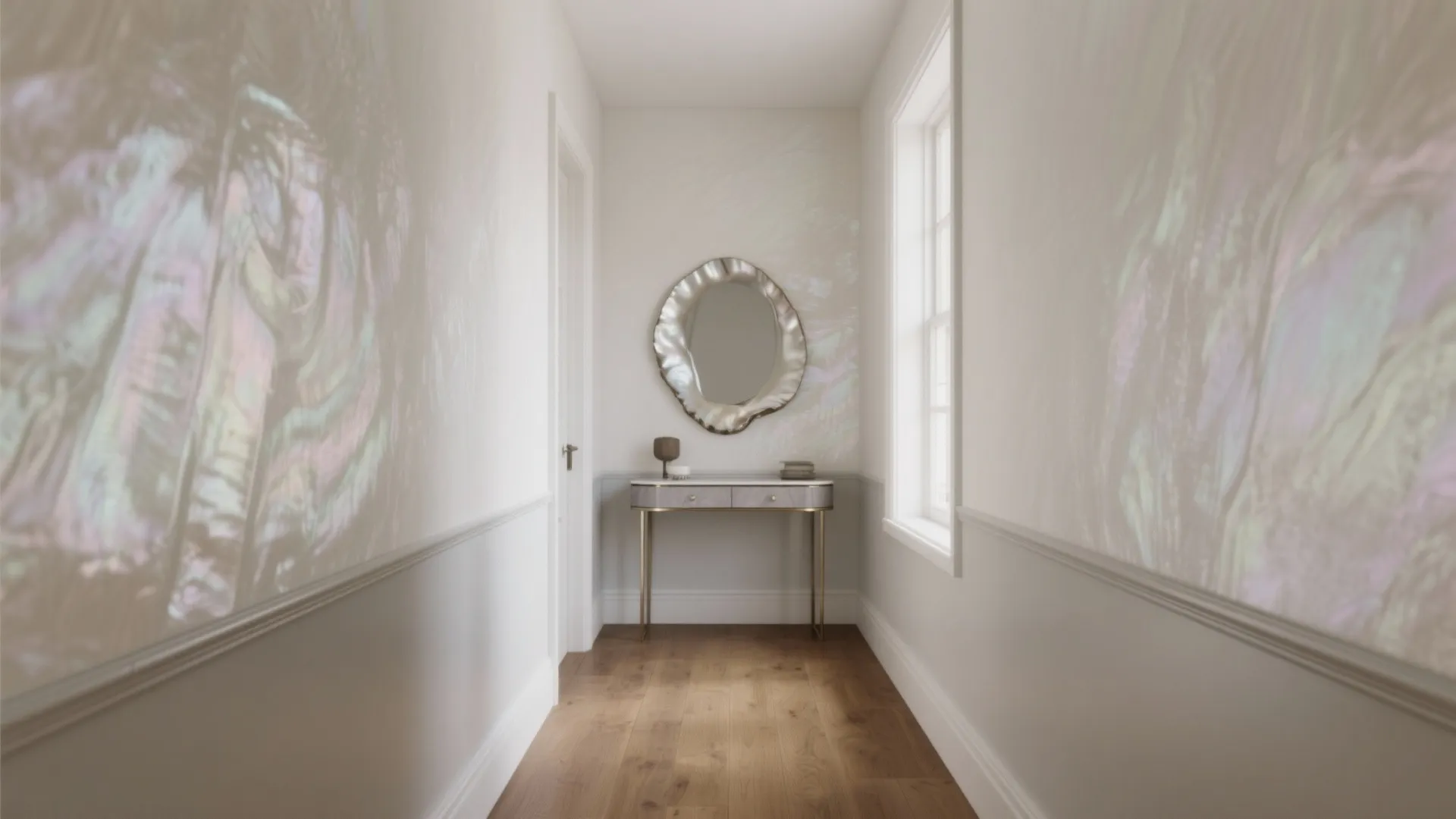 Narrow hallway with wooden floor plus wall panel design and silver mirror over small table cabinet