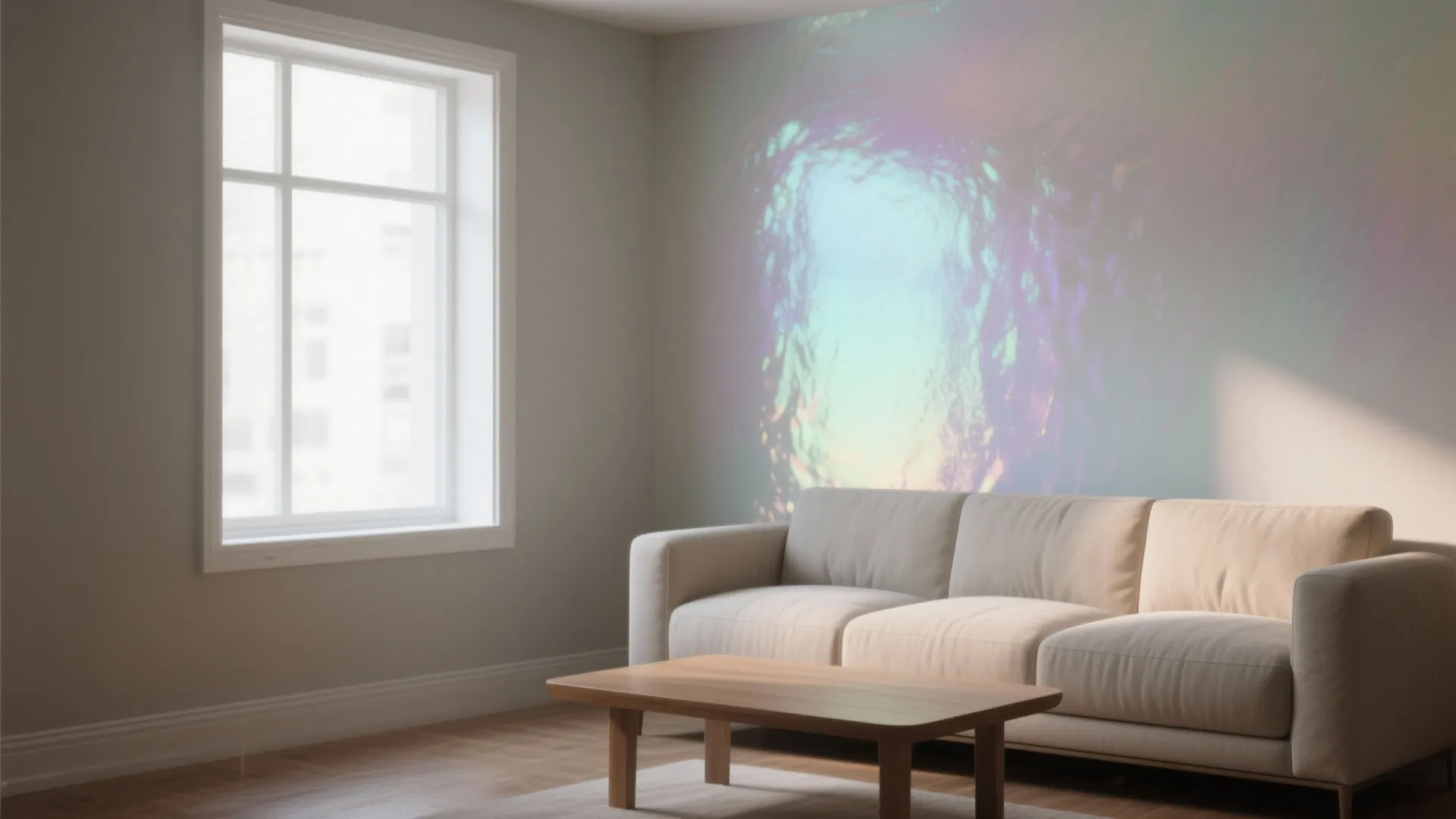 Compact living room with a short pearlescent iridescent accent wall and neutral furnishings.