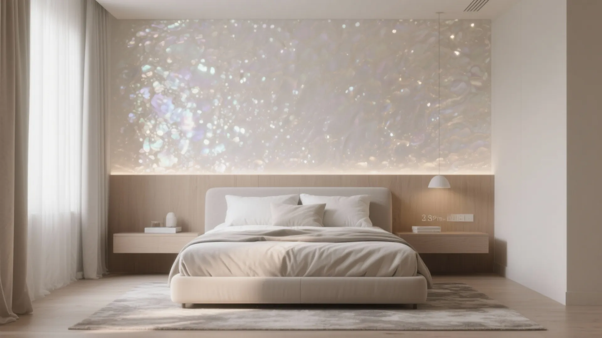 Modern master bedroom with cream bed and pearl accent wall behind wooden headboard and light
