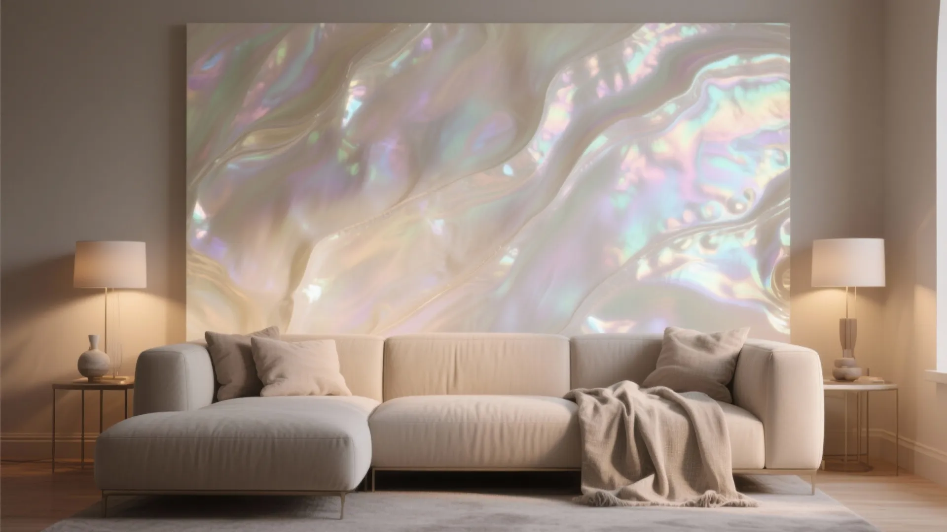 Large white sofa with cushions and blanket below colorful wall panel between two table lamps