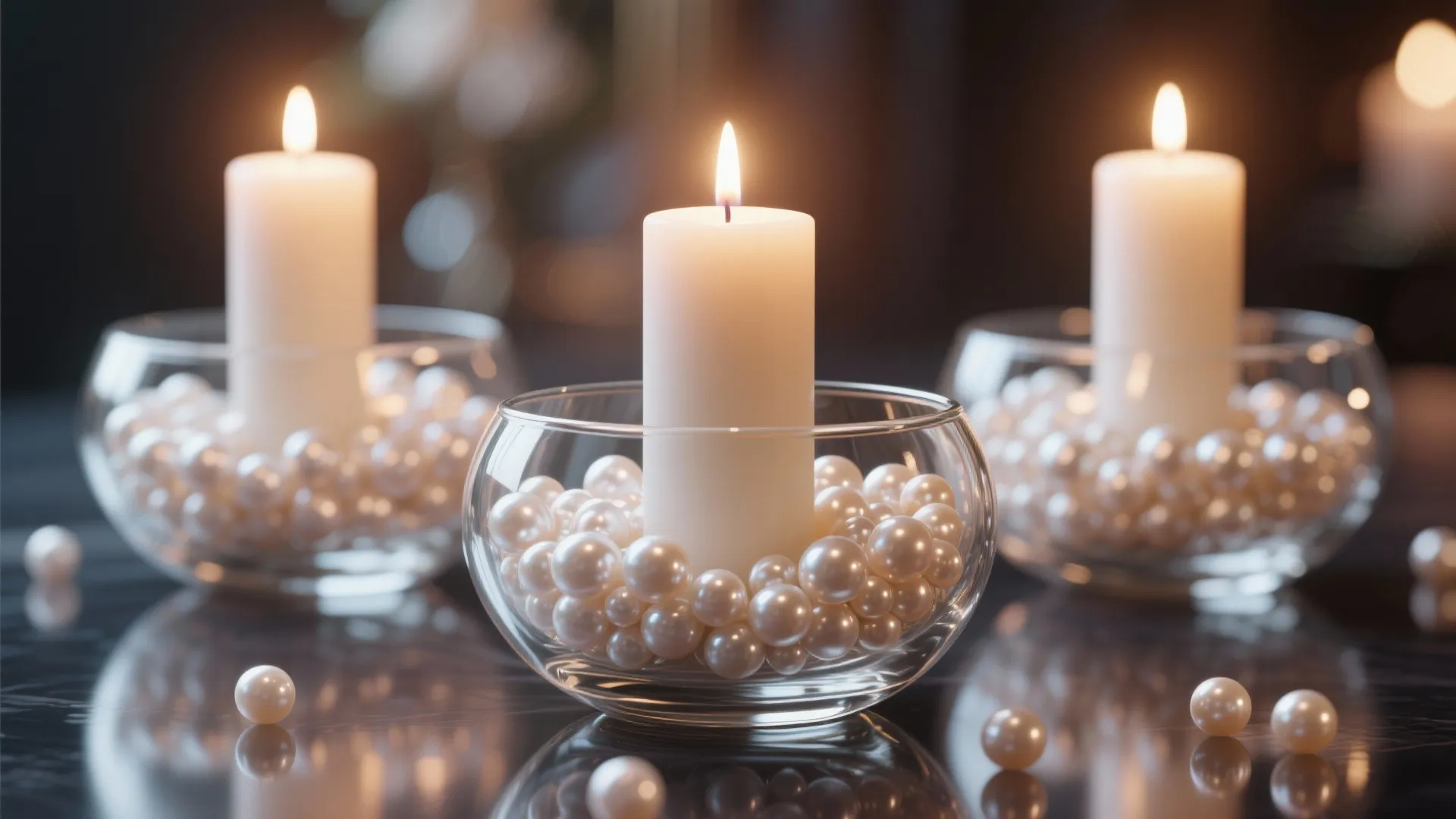 Three white pillar candles inside glass bowls filled with decorative pearls on a black table