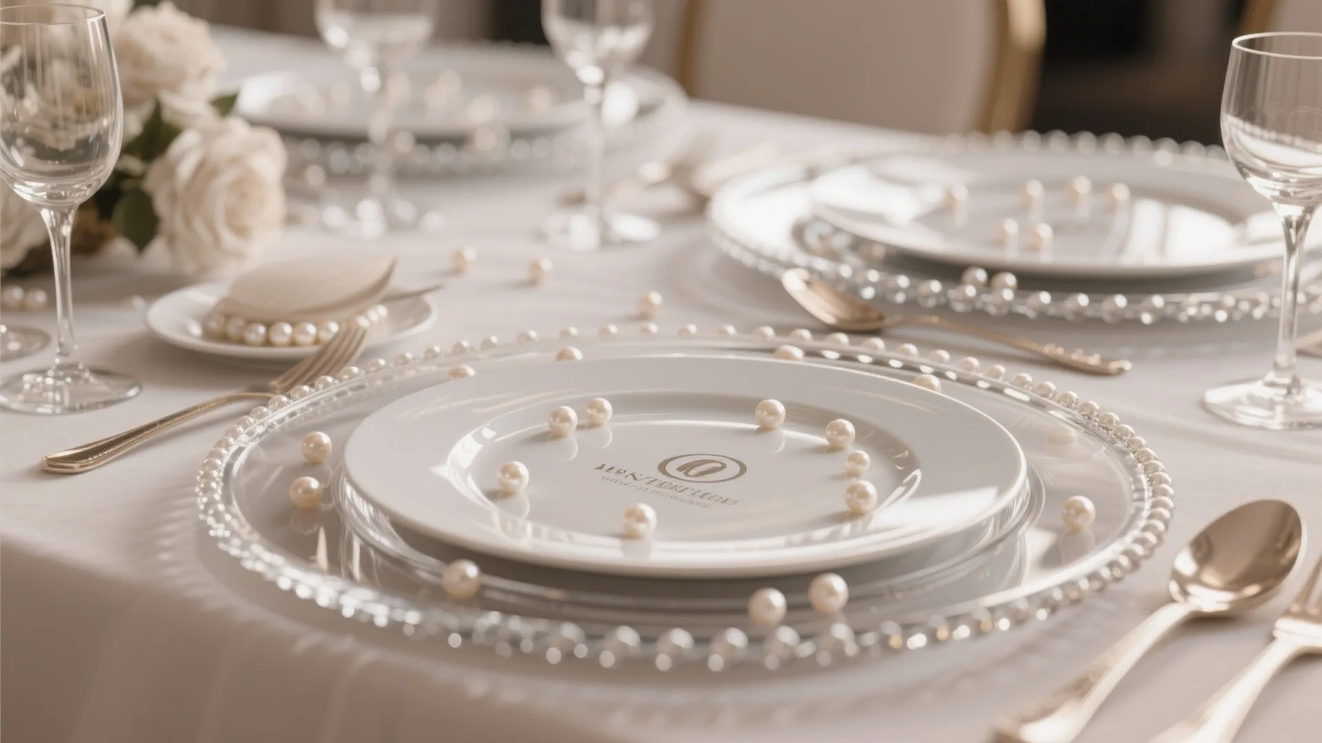 Elegant white dinner plate decorated with small pearls on a glass base for a wedding