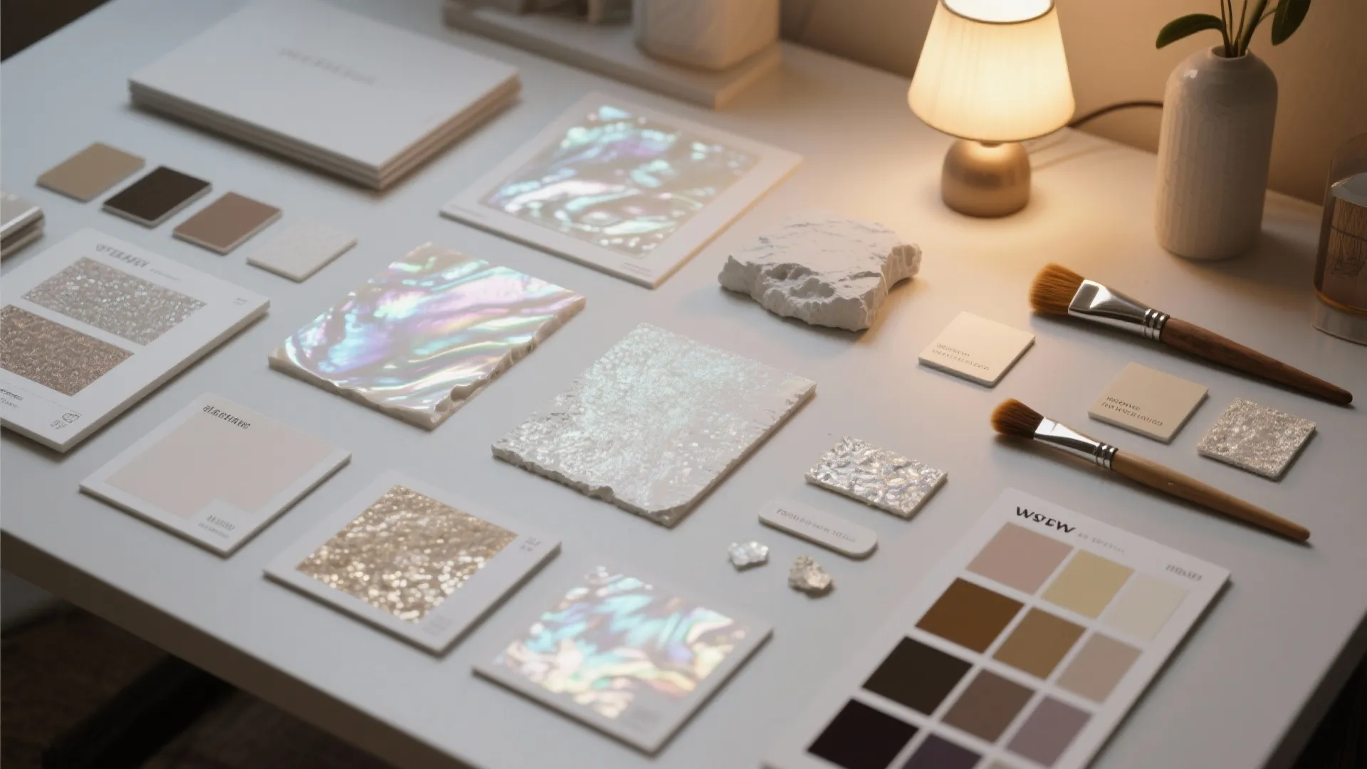 Desk showing interior design material samples shiny iridescent cards brushes and a small table lamp