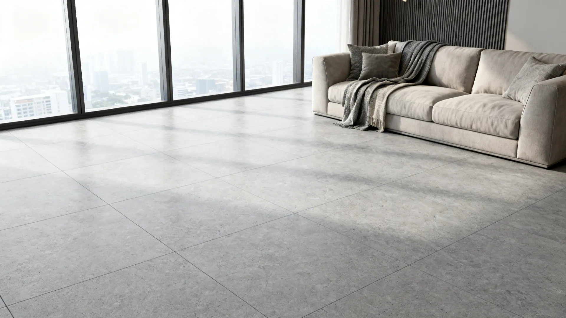 Contemporary sala with pearl gray micro-textured stone-look porcelain floor.