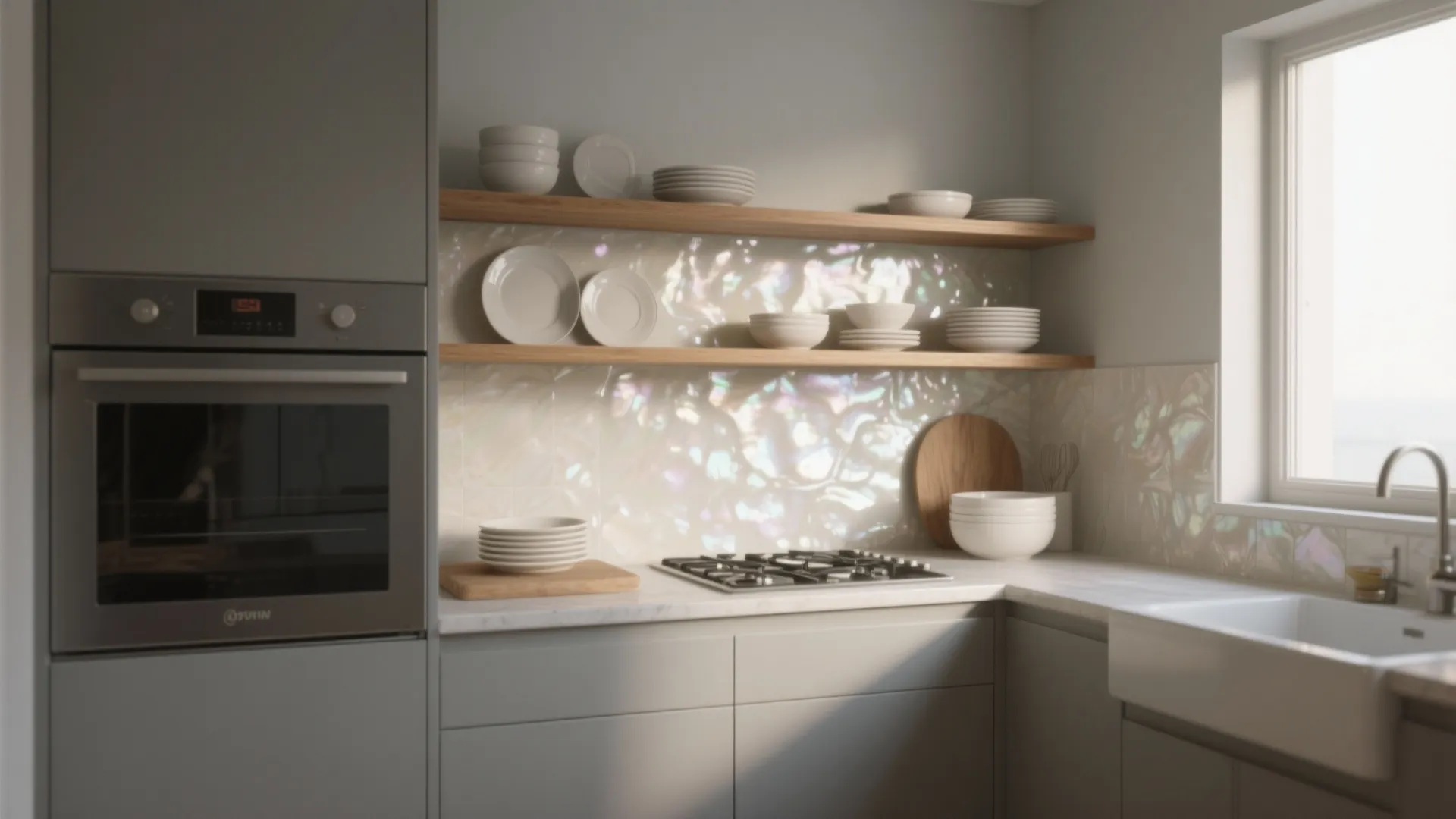 Modern grey kitchen featuring shiny pearl backsplash tiles wooden shelves white sink and built in oven