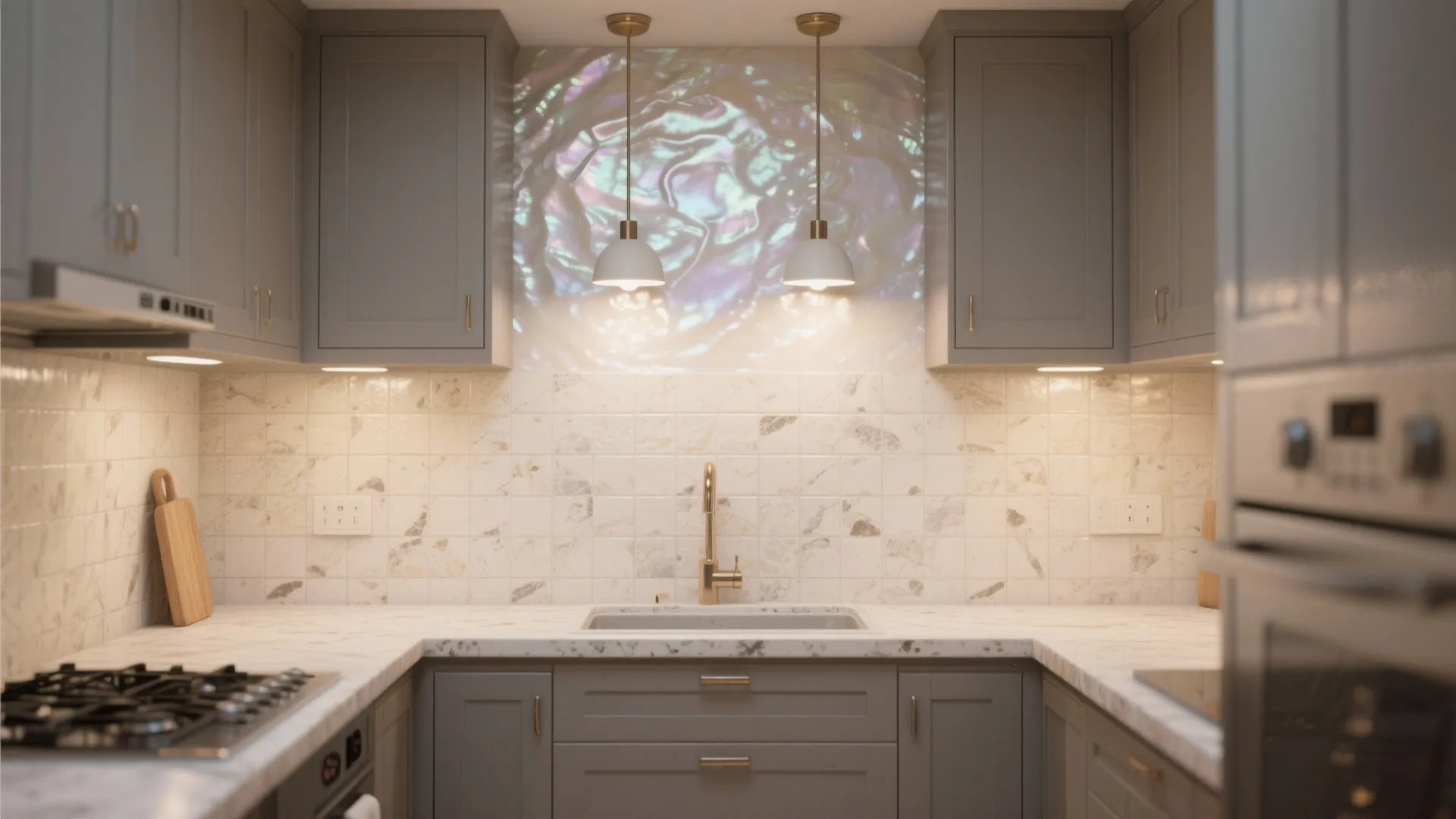 Modern grey kitchen cabinets with marble tile wall and white ceiling lights above a small sink