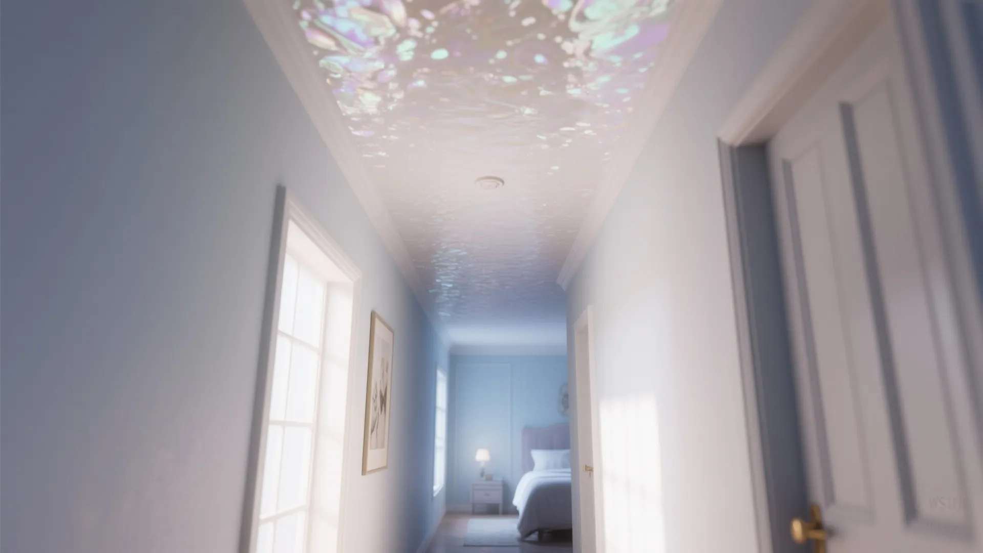Hallway and ceiling with subtle pearl and mica glaze creating a soft luminous sheen.