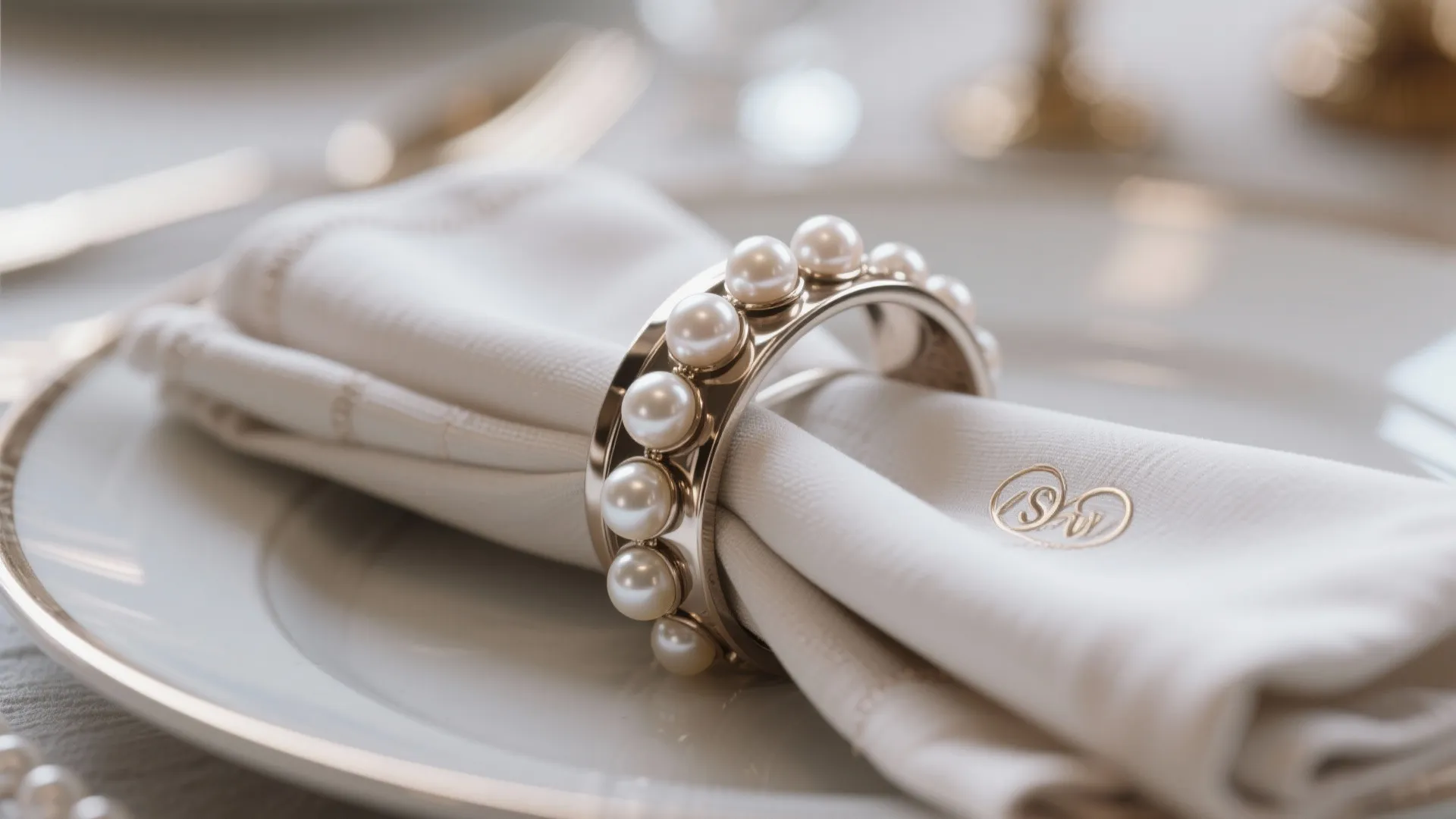 Elegant white cloth napkin with a pearl ring holder sitting on a white ceramic plate