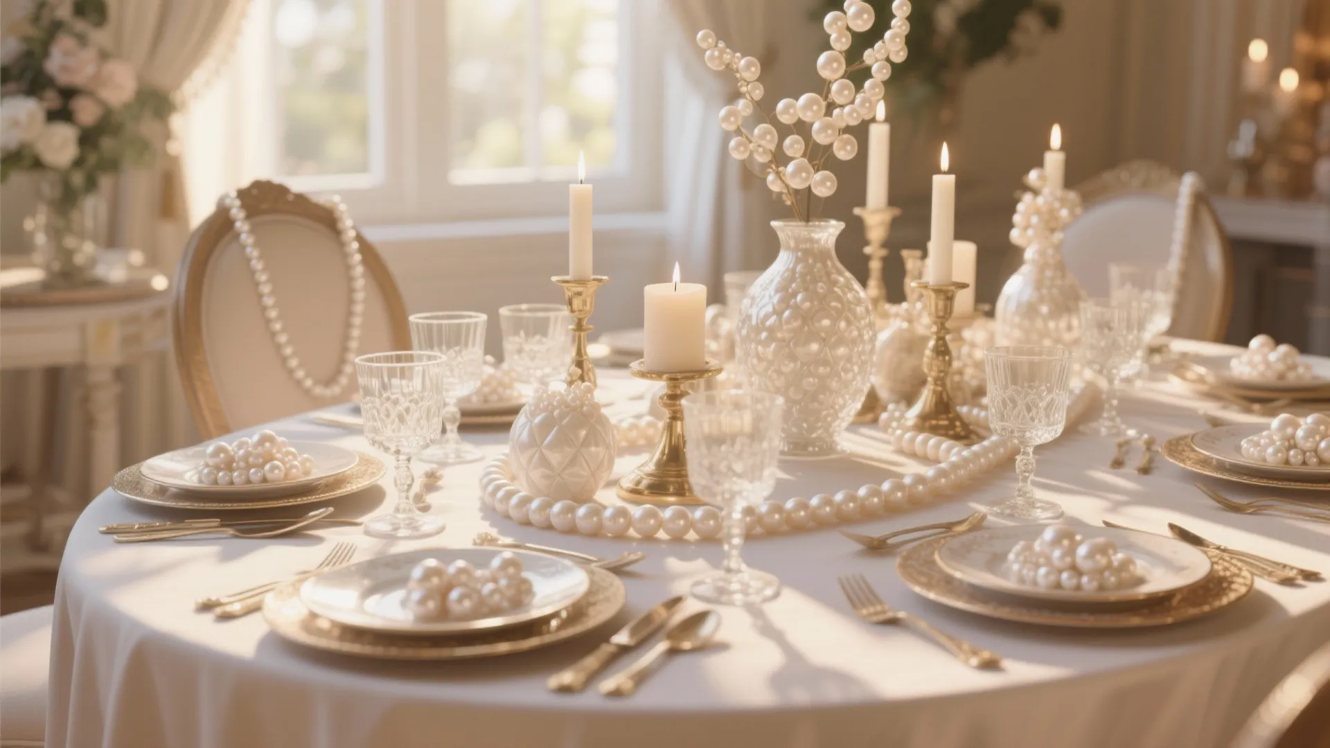 Luxury dining table setting with pearl decorations white candles gold cutlery and clear glass cups