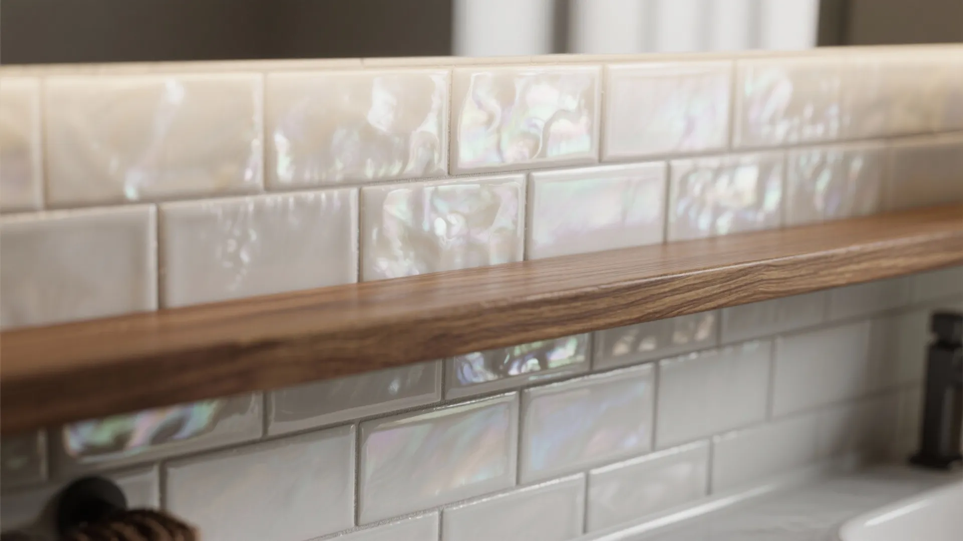 Shiny iridescent pearl tiles on a bathroom wall with a long wooden floating shelf above