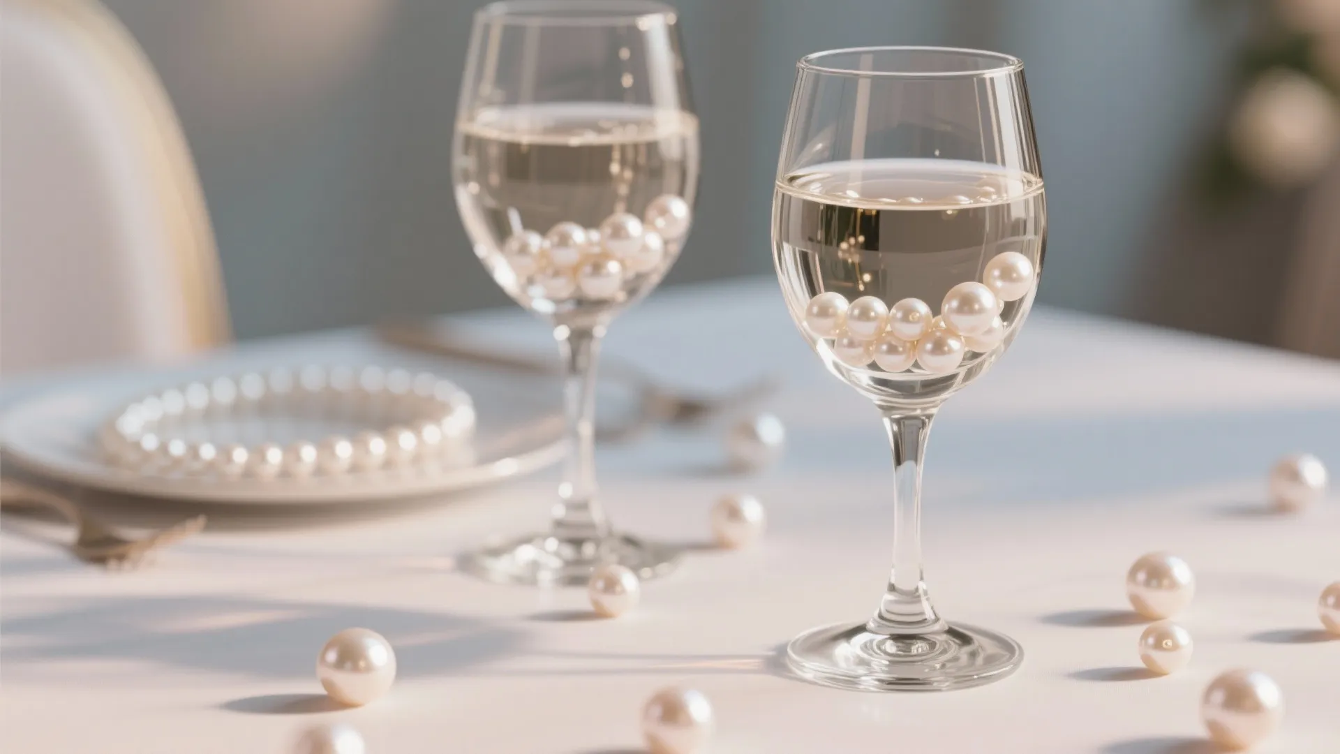 Two clear wine glasses filled with water and white pearls on a bright white table