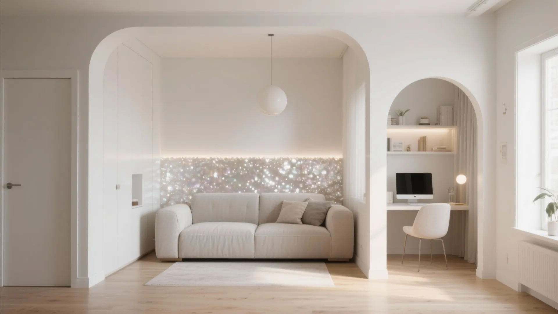 Modern white living room with beige sofa and arched home office corner with desk and chair