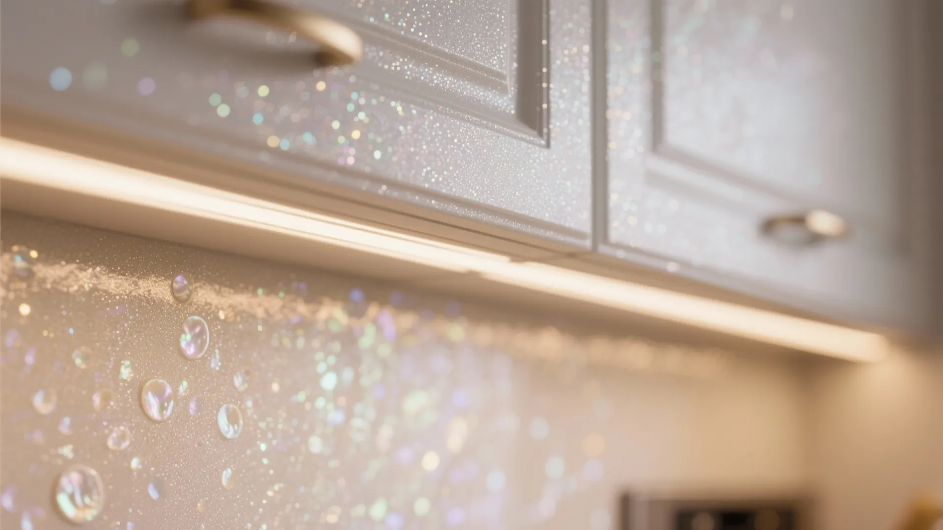 White kitchen wall panel with sparkling finish under warm yellow light fixture in modern room