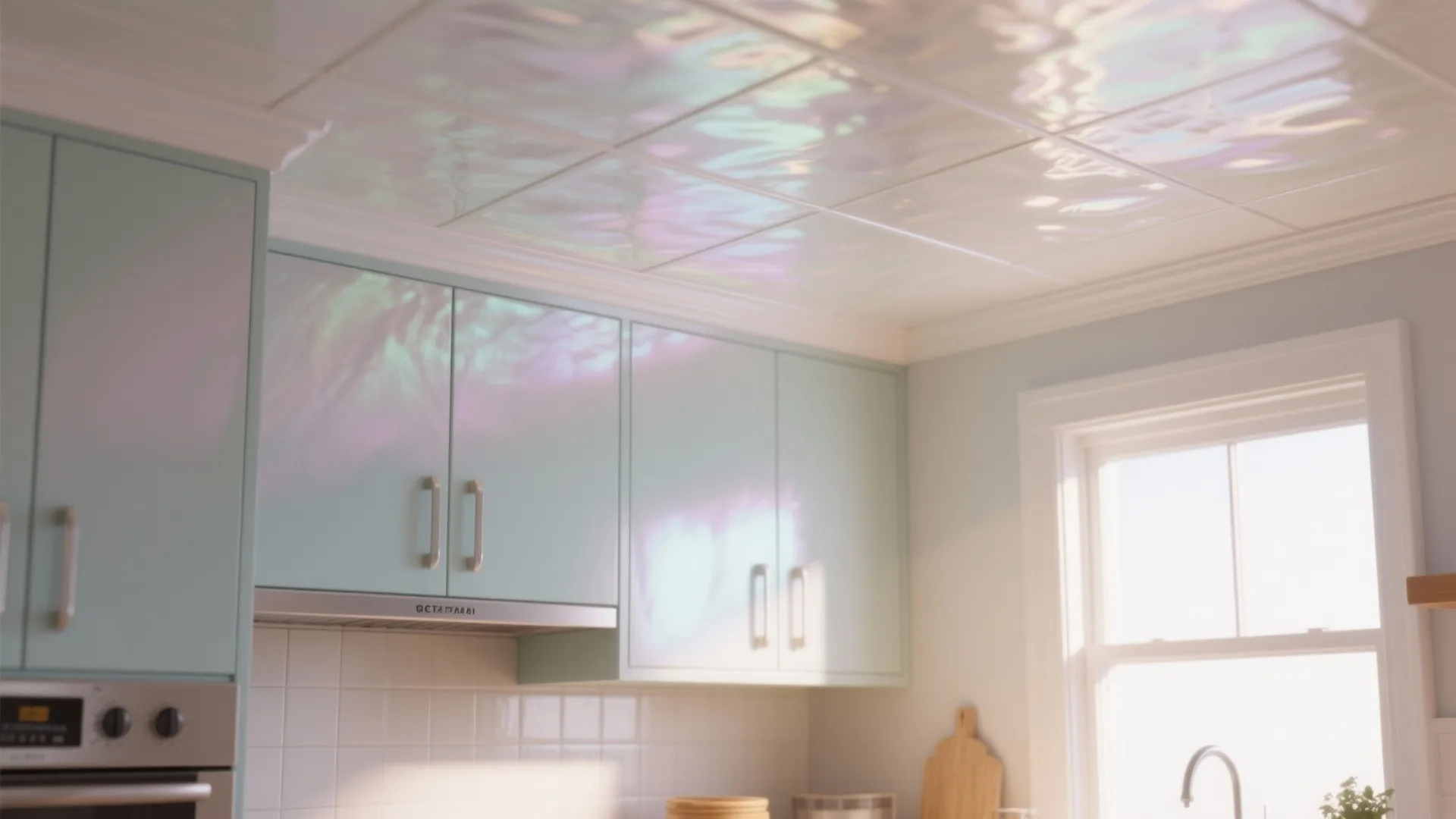 Small kitchen with pearlescent pastel ceiling and cabinet undersides reflecting morning light to visually raise the room.