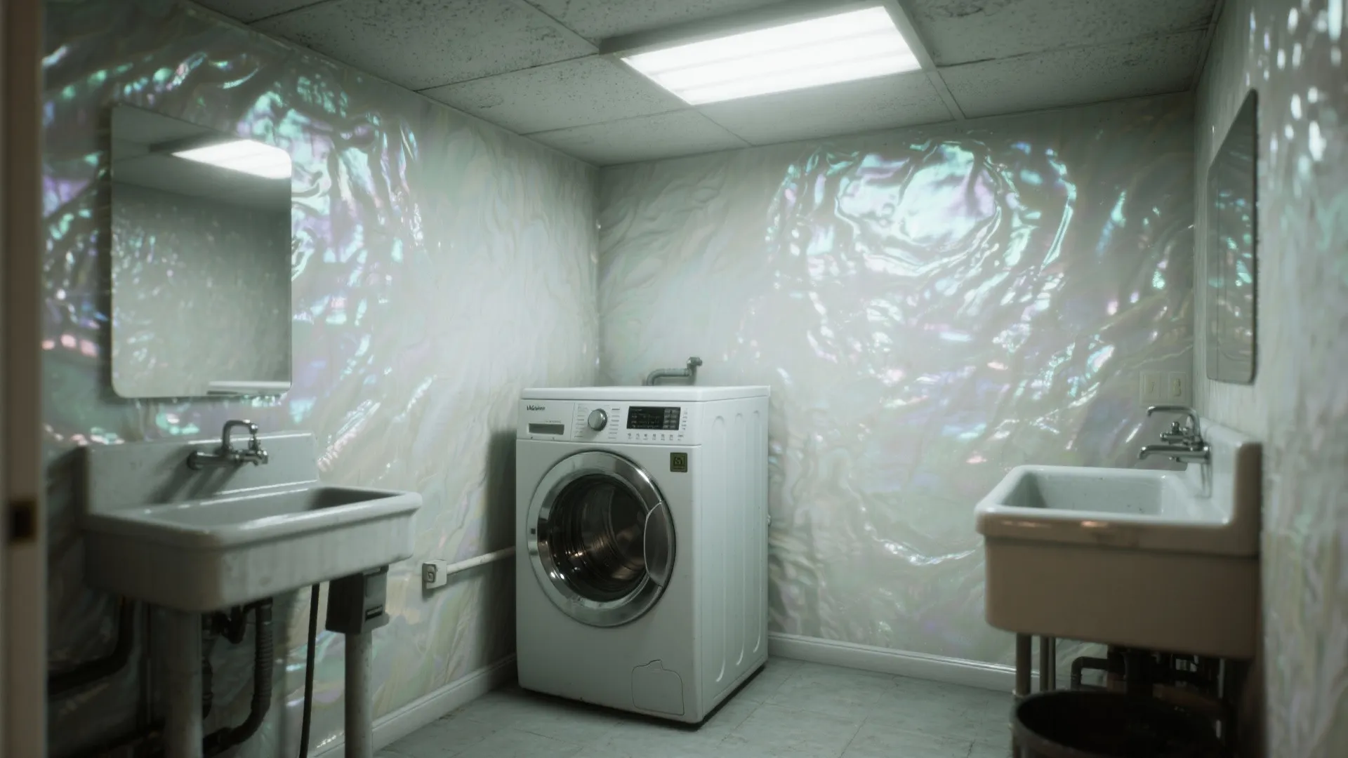 Basement laundry with soft pearlescent wallpaper that reflects light and brightens the space.