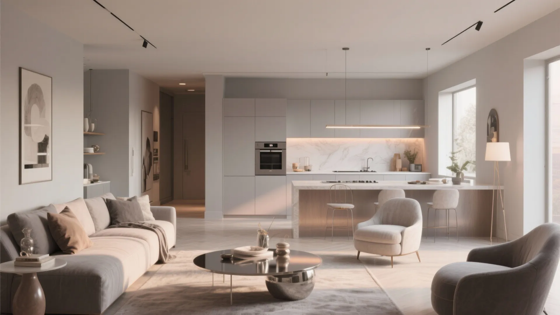 Modern grey interior showing open living room and kitchen with sofa coffee table and island