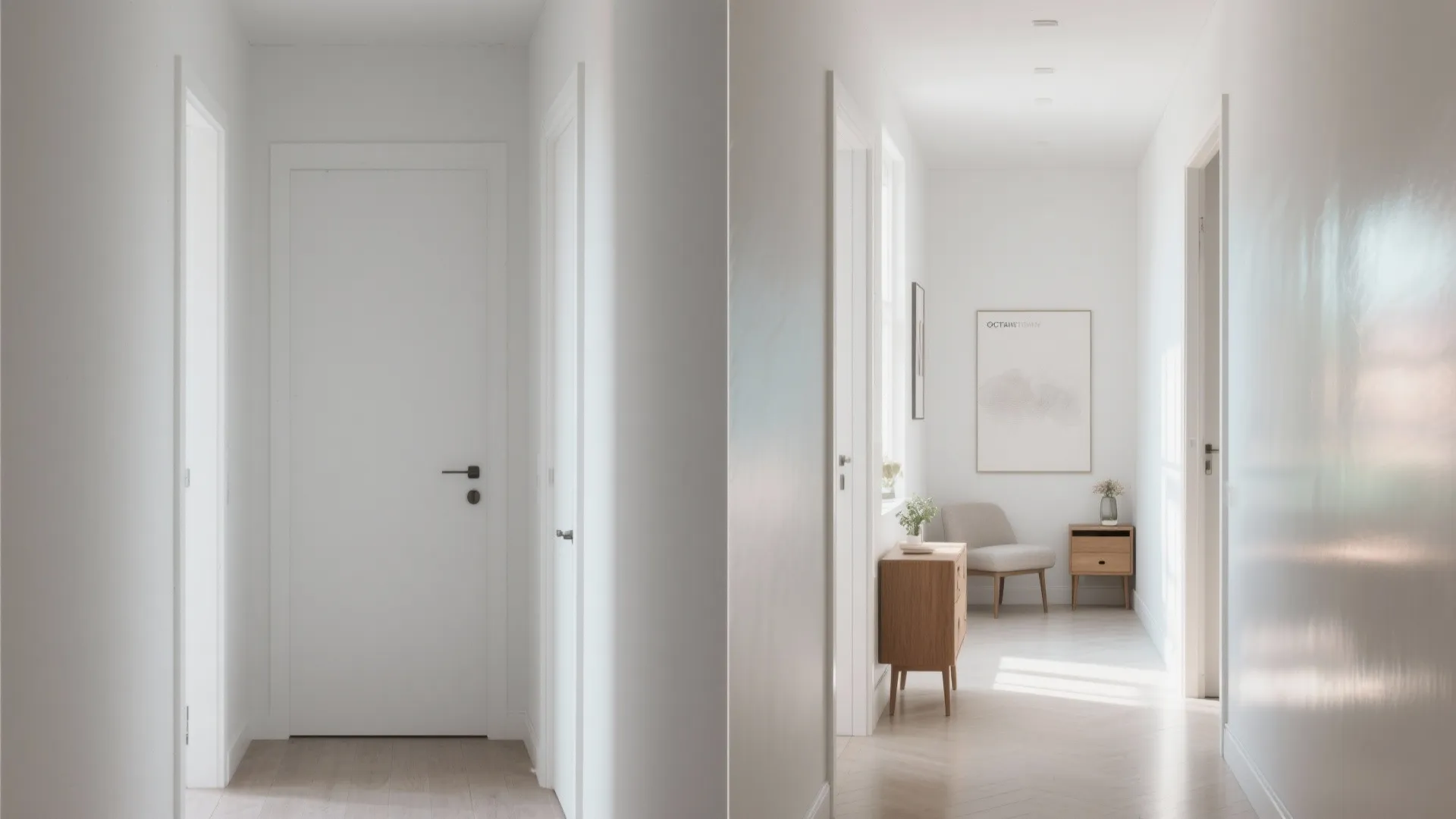 Plain white hallway comparison versus a styled hall with a chair art and wooden cabinet