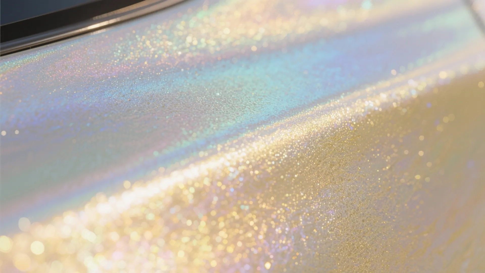 Macro detail of pearlescent iridescent paint showing subtle color shifts and surface texture.