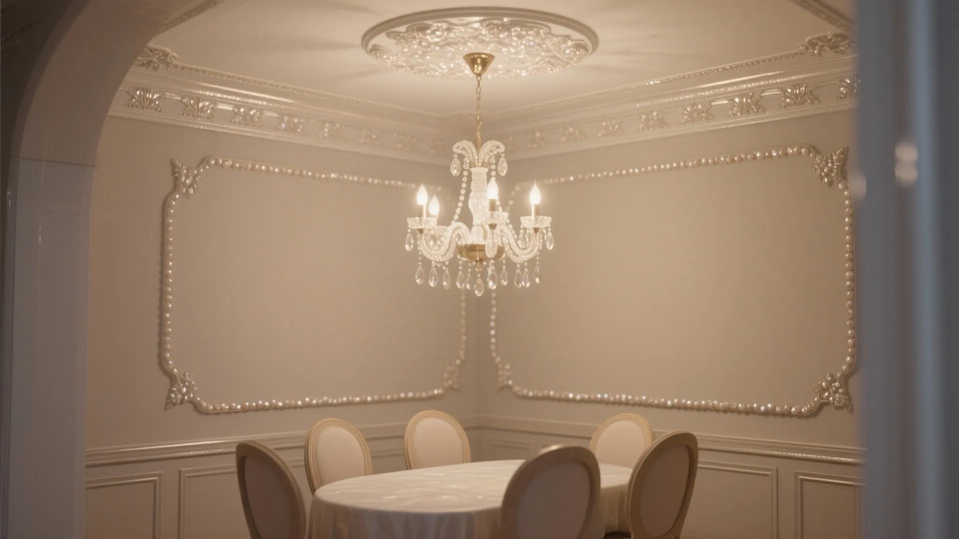 Elegant dining room with crystal ceiling light round table chairs and pearl trim on wall